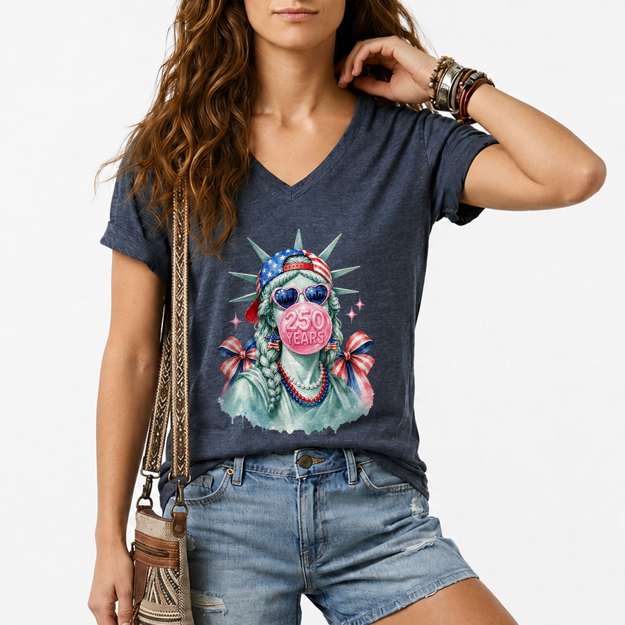 Statue of Liberty V-Neck Shirt Cute Bubble Gum Heart Sunglasses Patriotic Graphic Tee