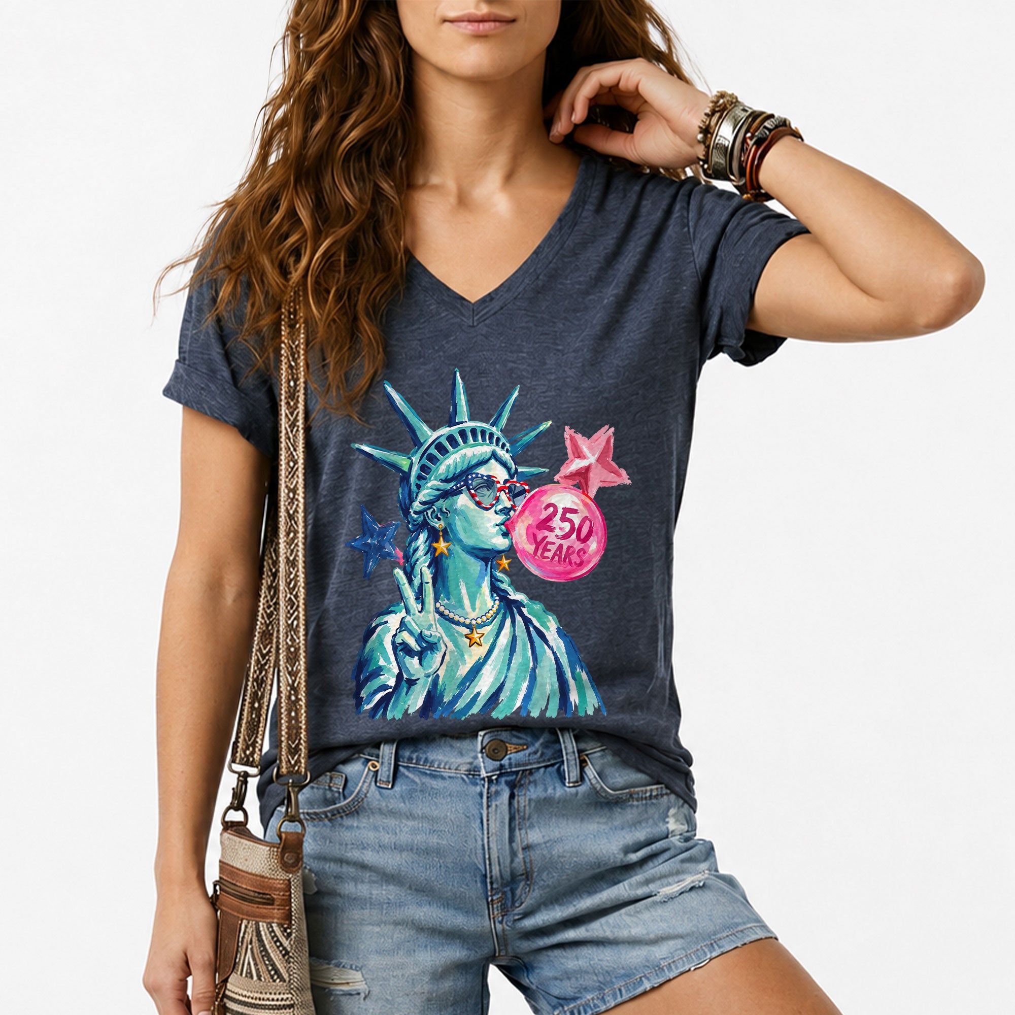 Statue of Liberty Peace Sign V-Neck Shirt Cute Bubble Gum Patriotic Graphic Tee