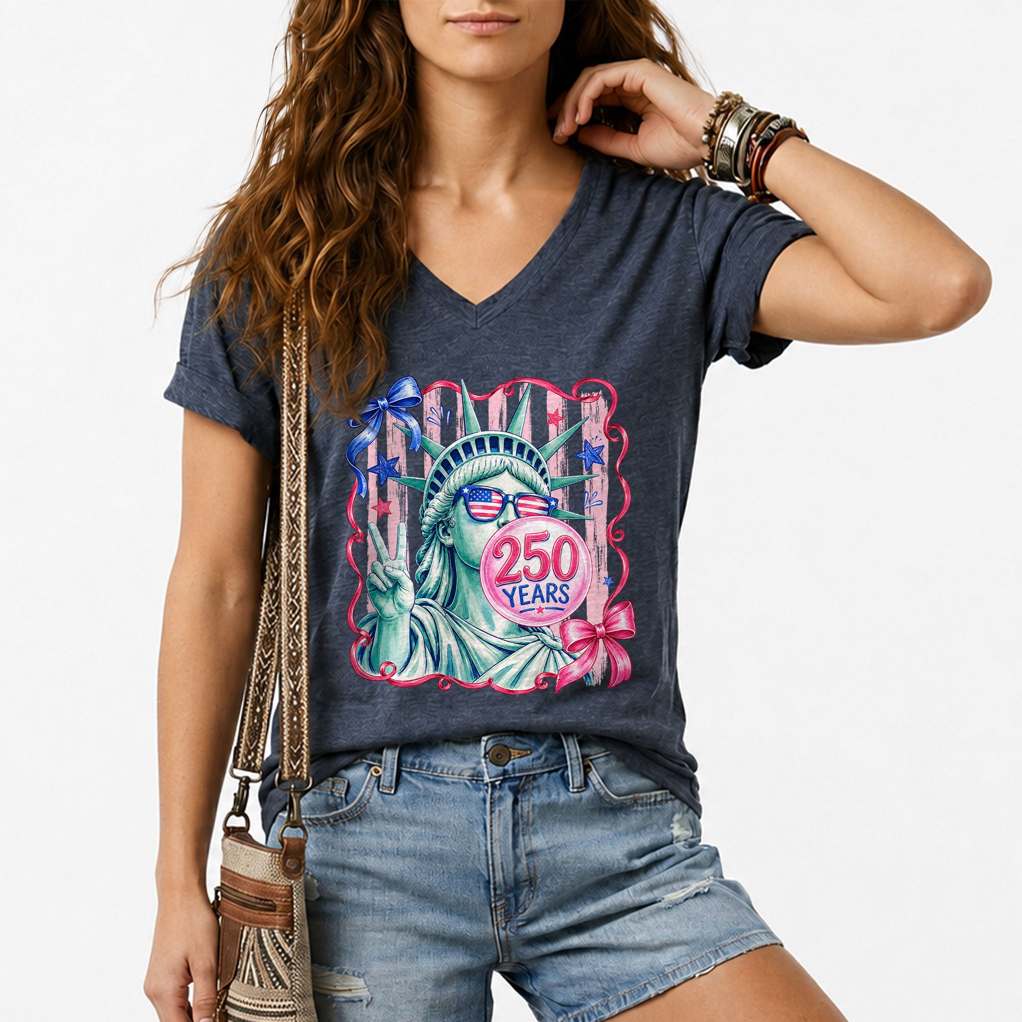 Statue of Liberty V-Neck Shirt Cute Peace Sign Sunglasses Ribbon Patriotic Graphic Tee