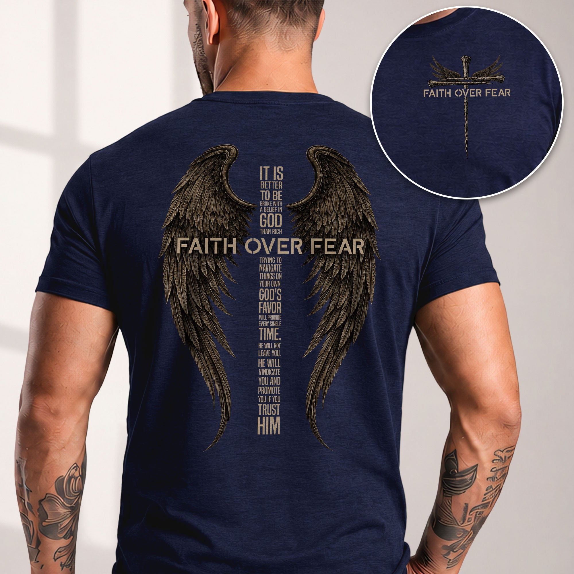 Faith Over Fear Christian Shirt Angel Wings Nail Cross T-Shirt Religious Graphic Tee - Rust Field Wear