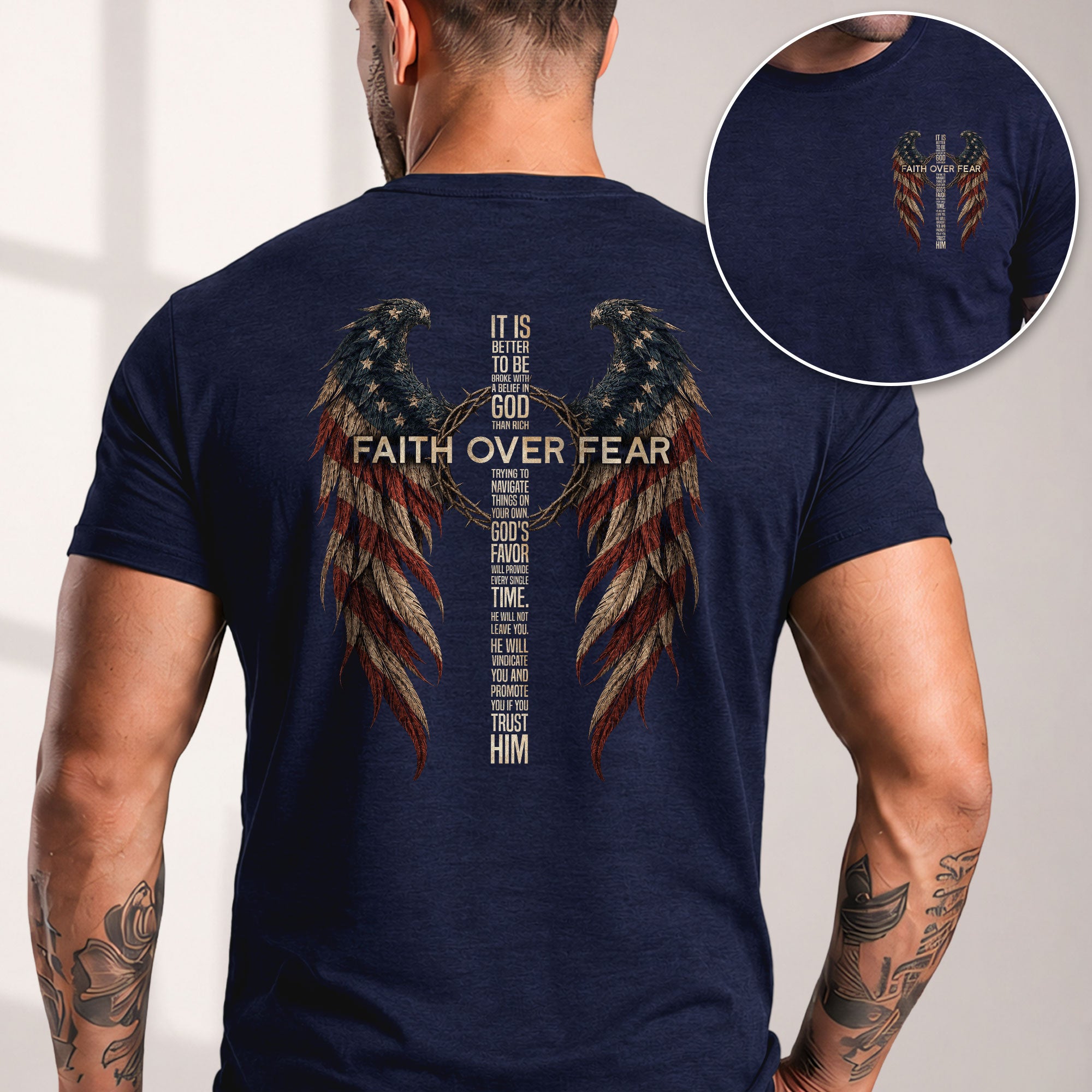 Faith Over Fear Christian Shirt Patriotic American Flag Angel Wings Cross T-Shirt Tee