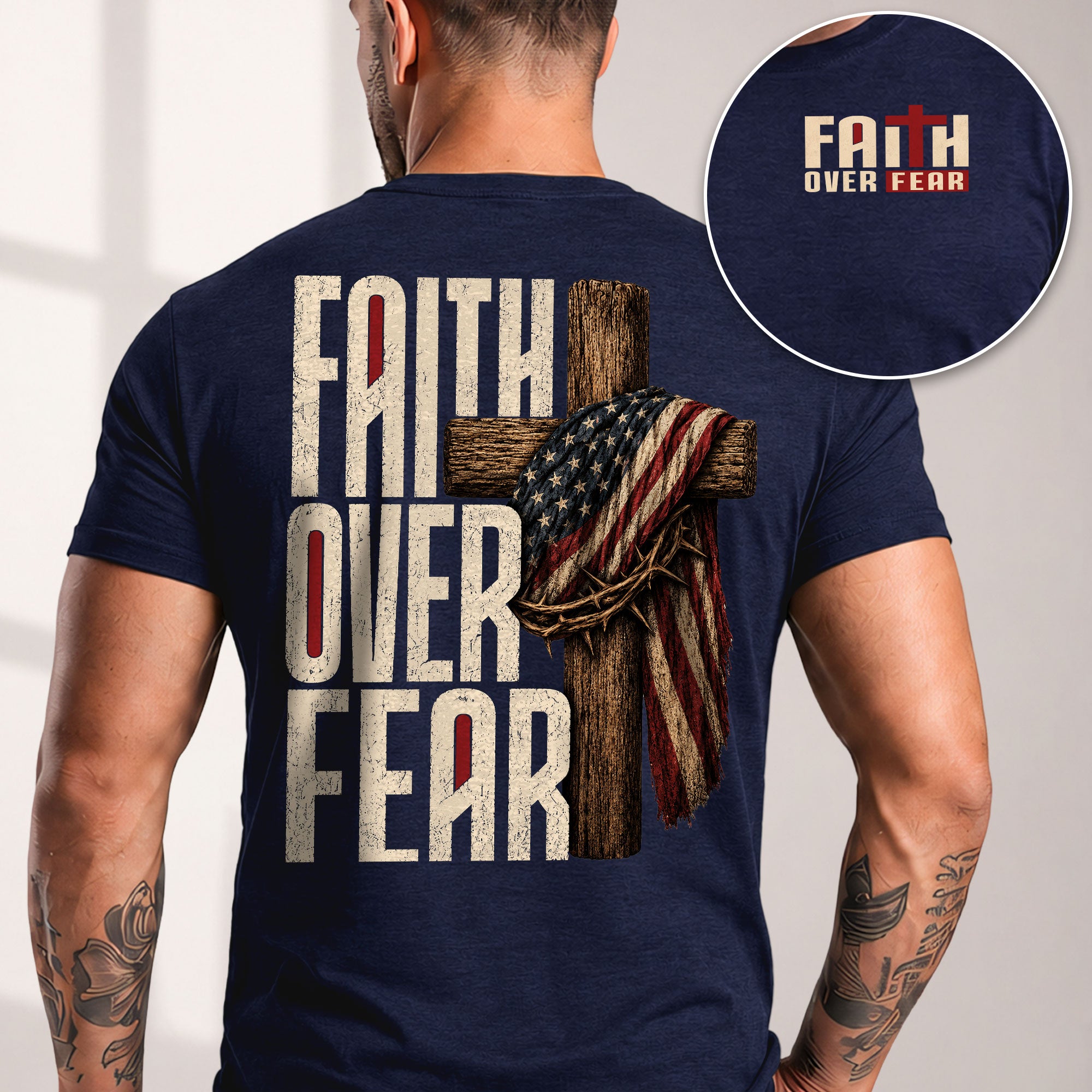 Faith Over Fear Christian Shirt Patriotic Cross American Flag Religious Graphic Tee - Rust Field Wear