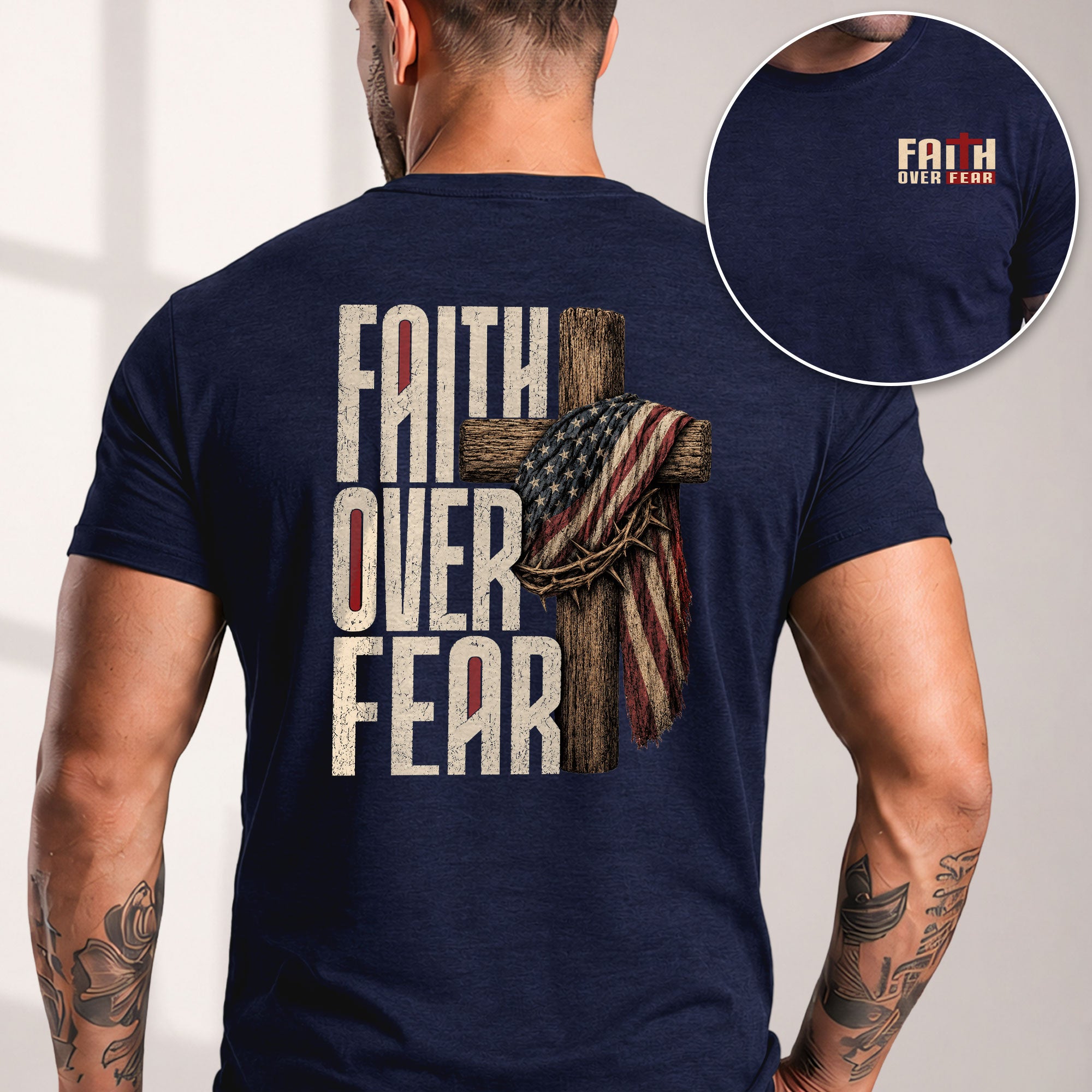 Faith Over Fear Christian Shirt Patriotic Cross American Flag Religious Graphic Tee