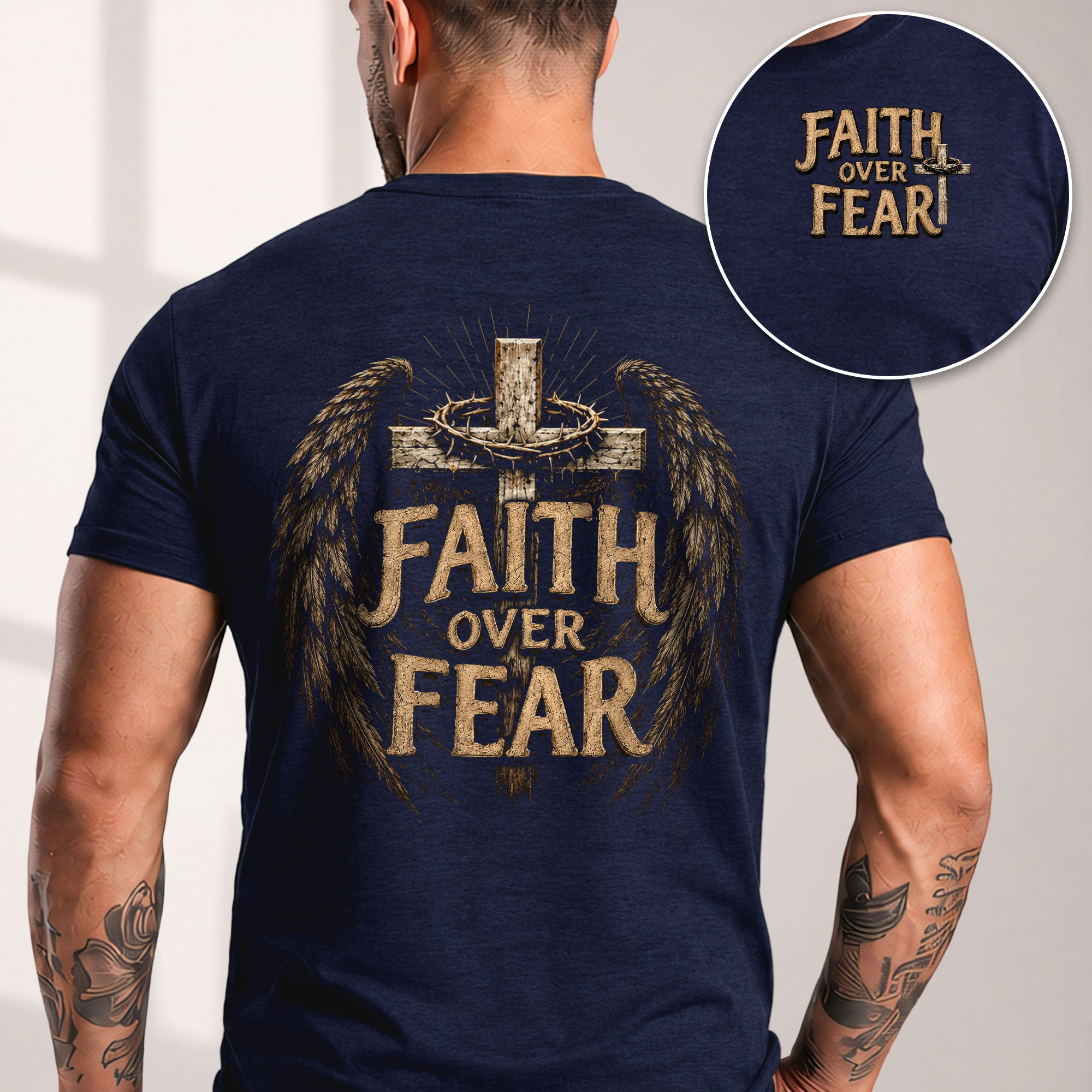 Faith Over Fear Cross Wings Crown Christian Graphic T-Shirt Unisex Casual Apparel