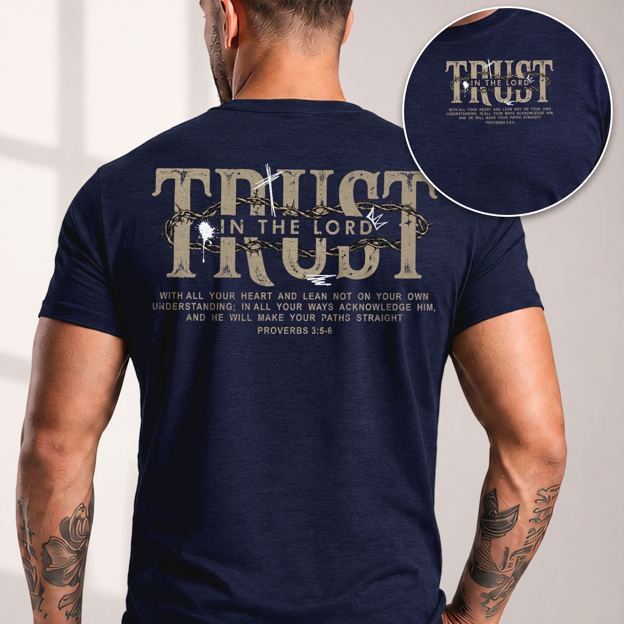 Trust In The Lord Christian Shirt Proverbs 3 5 6 Scripture Verse Cross Graphic Tee - Rust Field Wear