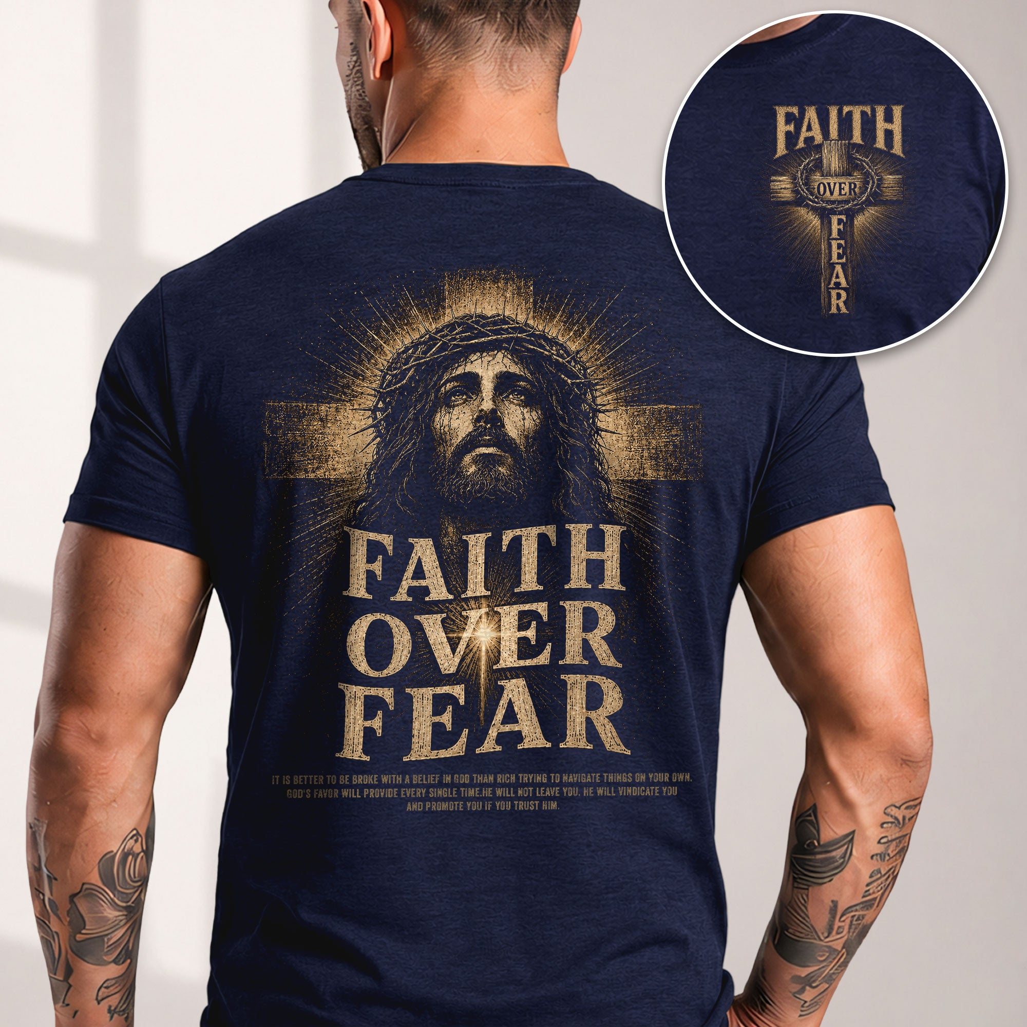 Inspirational Christian T-Shirt Faith Over Fear Jesus Portrait Casual Cotton Top