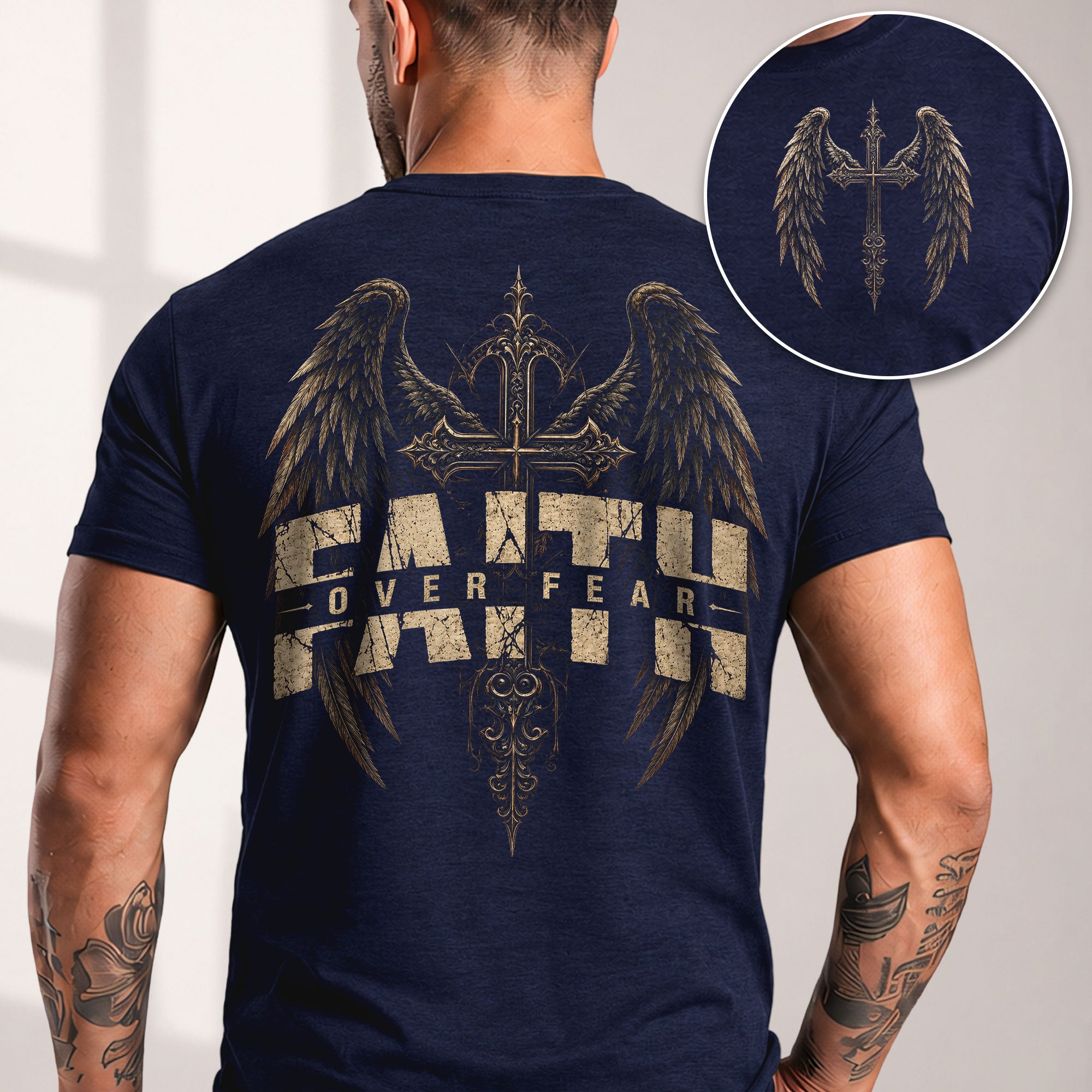 Faith Over Fear T Shirt Christian Angel Wings Cross Religious Apparel Tee Top Unisex