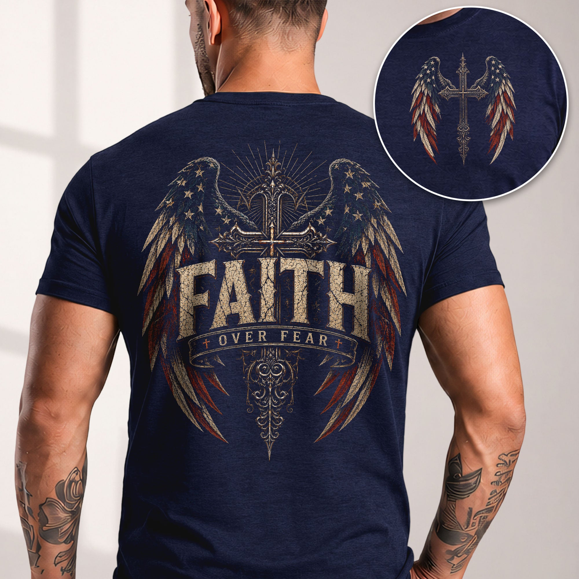Faith Over Fear T Shirt American Flag Wings Cross Religious Apparel Tee Top Unisex