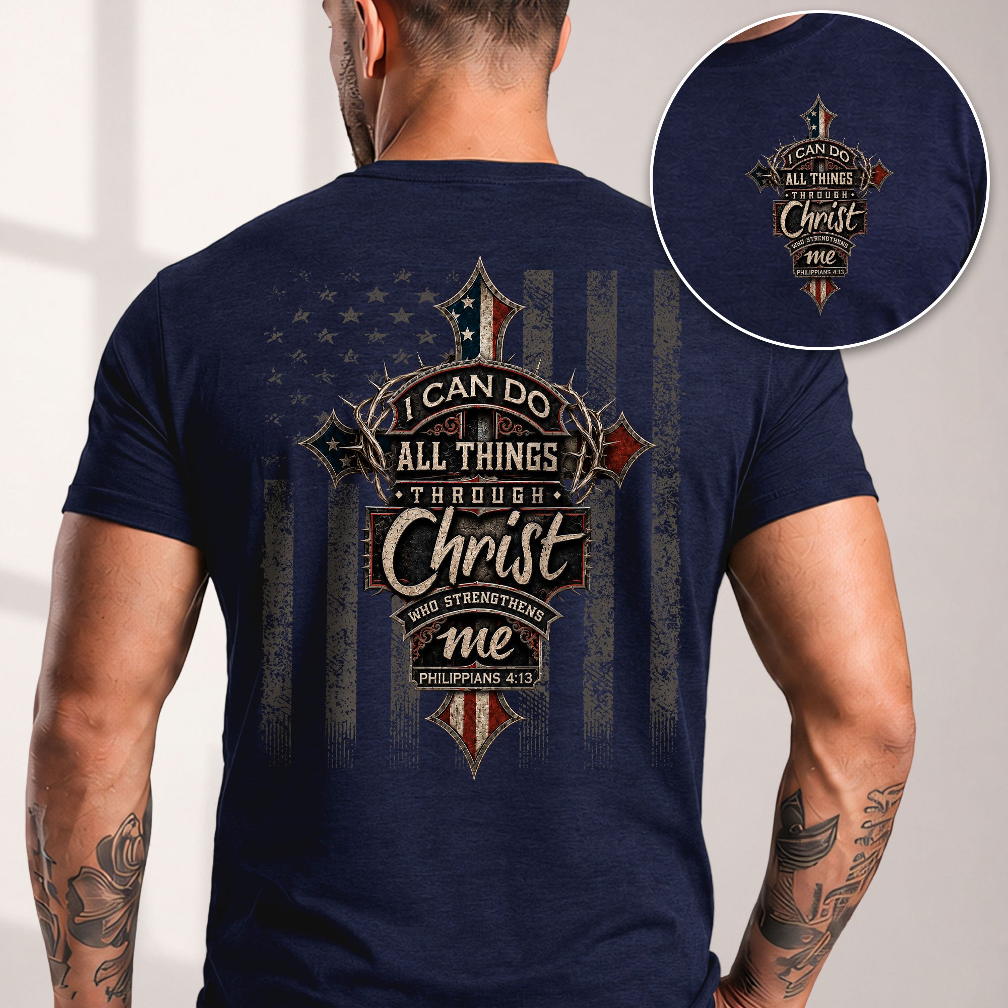 I Can Do All Things Philippians 4 13 Christian Shirt Patriotic American Flag Cross Tee - Rust Field Wear