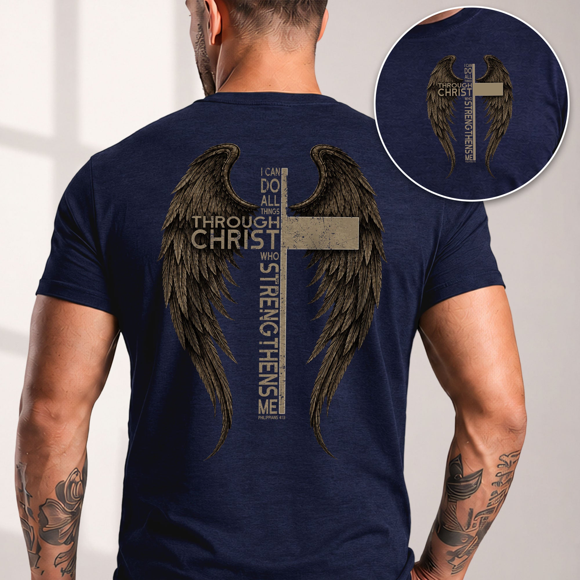 Through Christ Philippians 4 13 Christian Shirt Angel Wings Cross Religious T-Shirt - Rust Field Wear