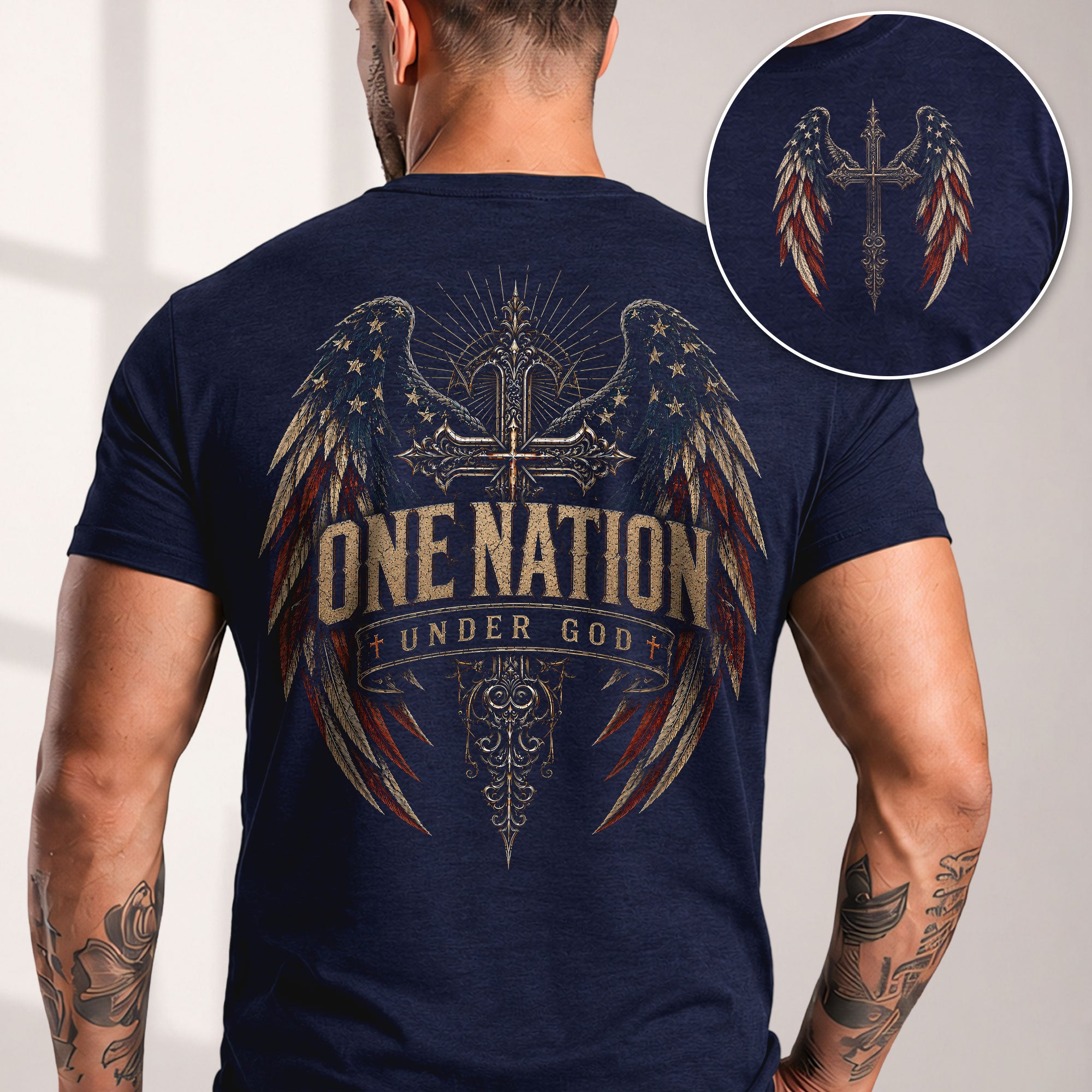 One Nation Under God T Shirt American Flag Wings Cross Religious Apparel Tee Top