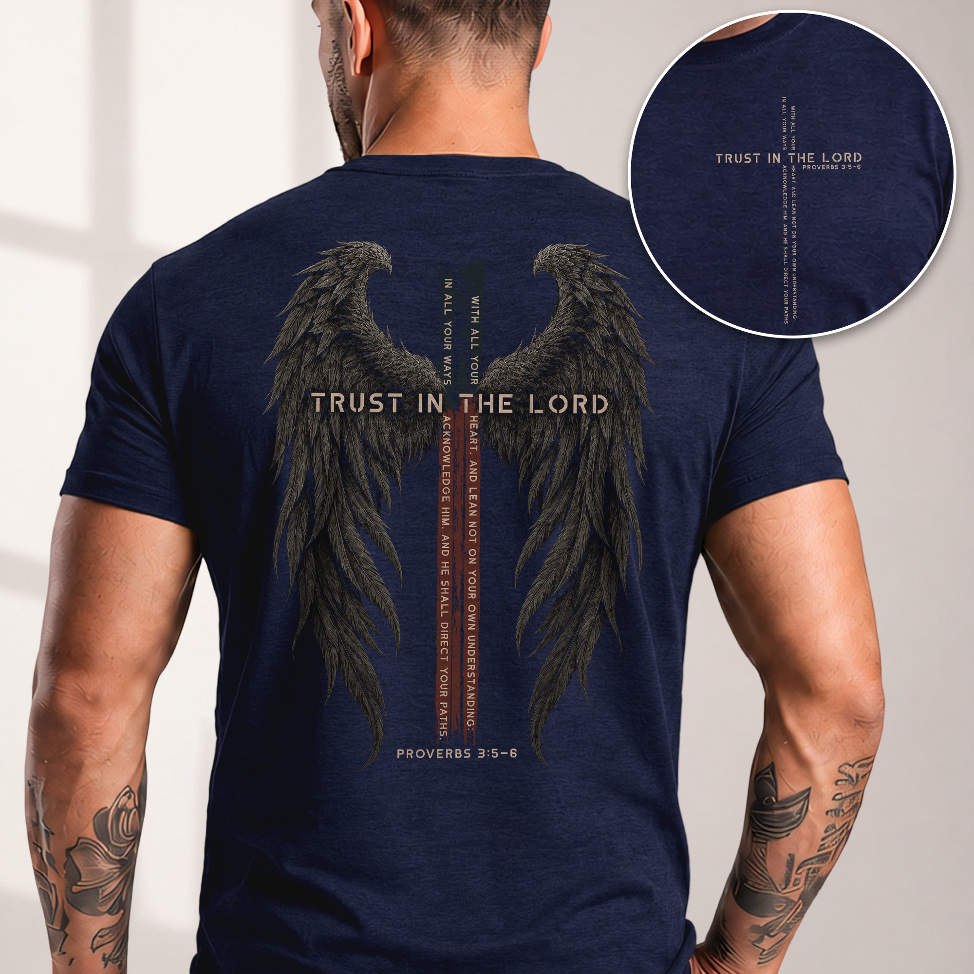 Trust In The Lord Shirt Christian Cross Wings Proverbs 3 5 6 Bible Verse Graphic Tee - Rust Field Wear