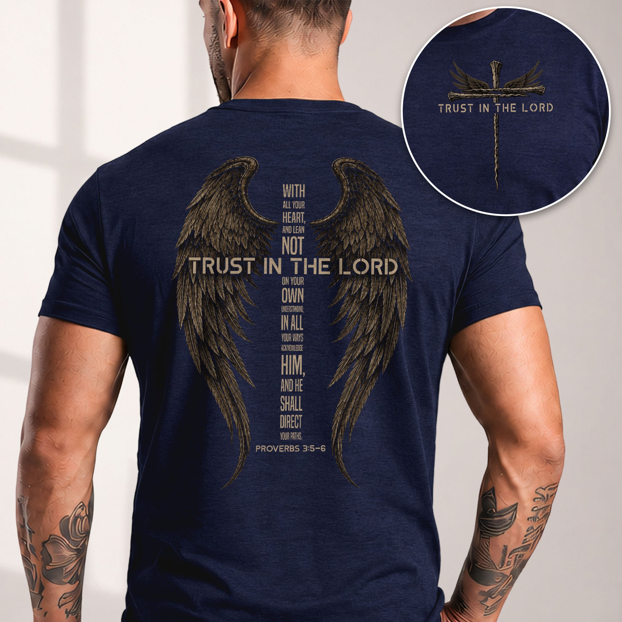Trust In The Lord Shirt Faith Christian Cross Angel Wings Proverbs 3 5 6 Graphic Tee - Rust Field Wear