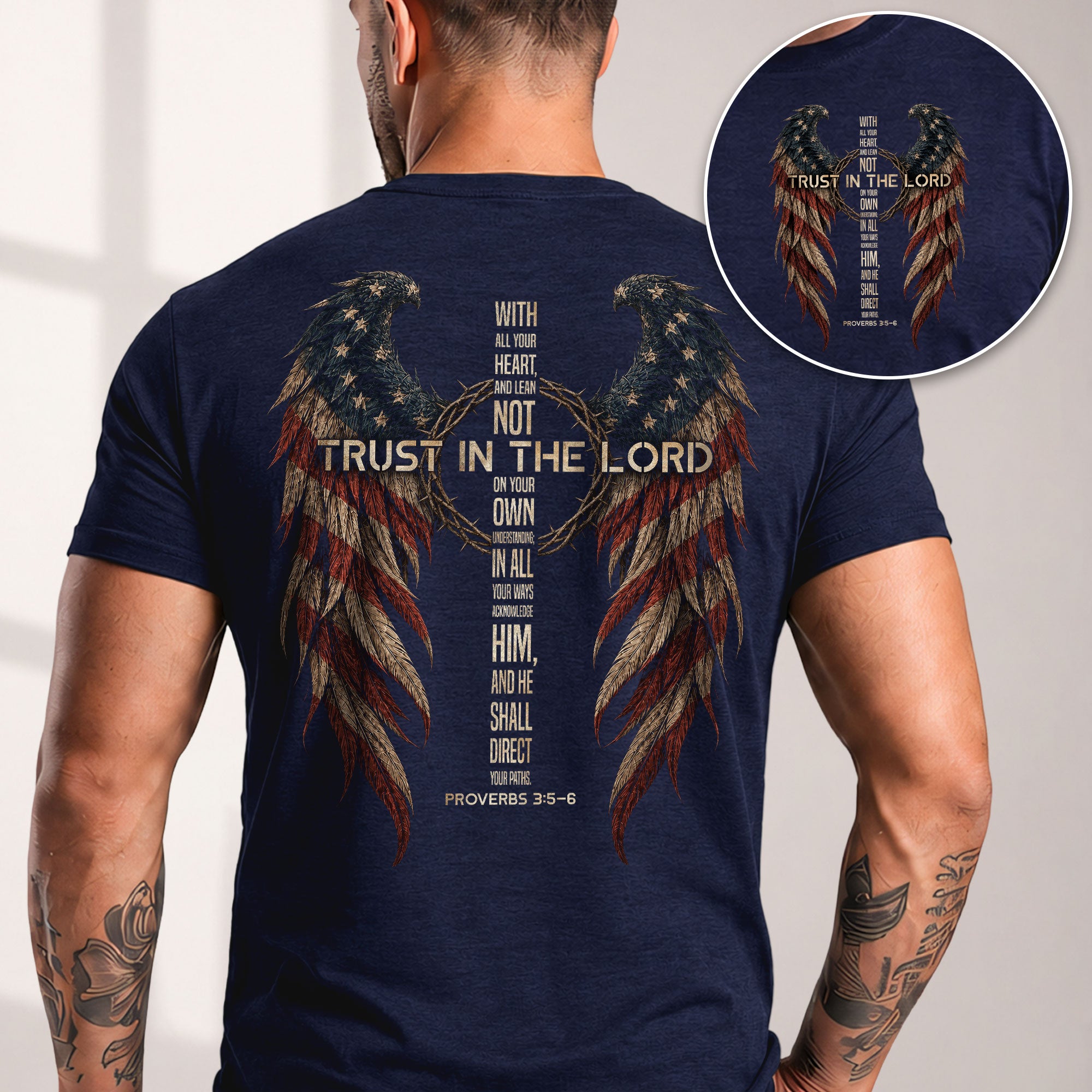 Trust In The Lord Shirt Faith Christian Cross US Flag Wings Proverbs 3 5 6 Graphic Tee - Rust Field Wear