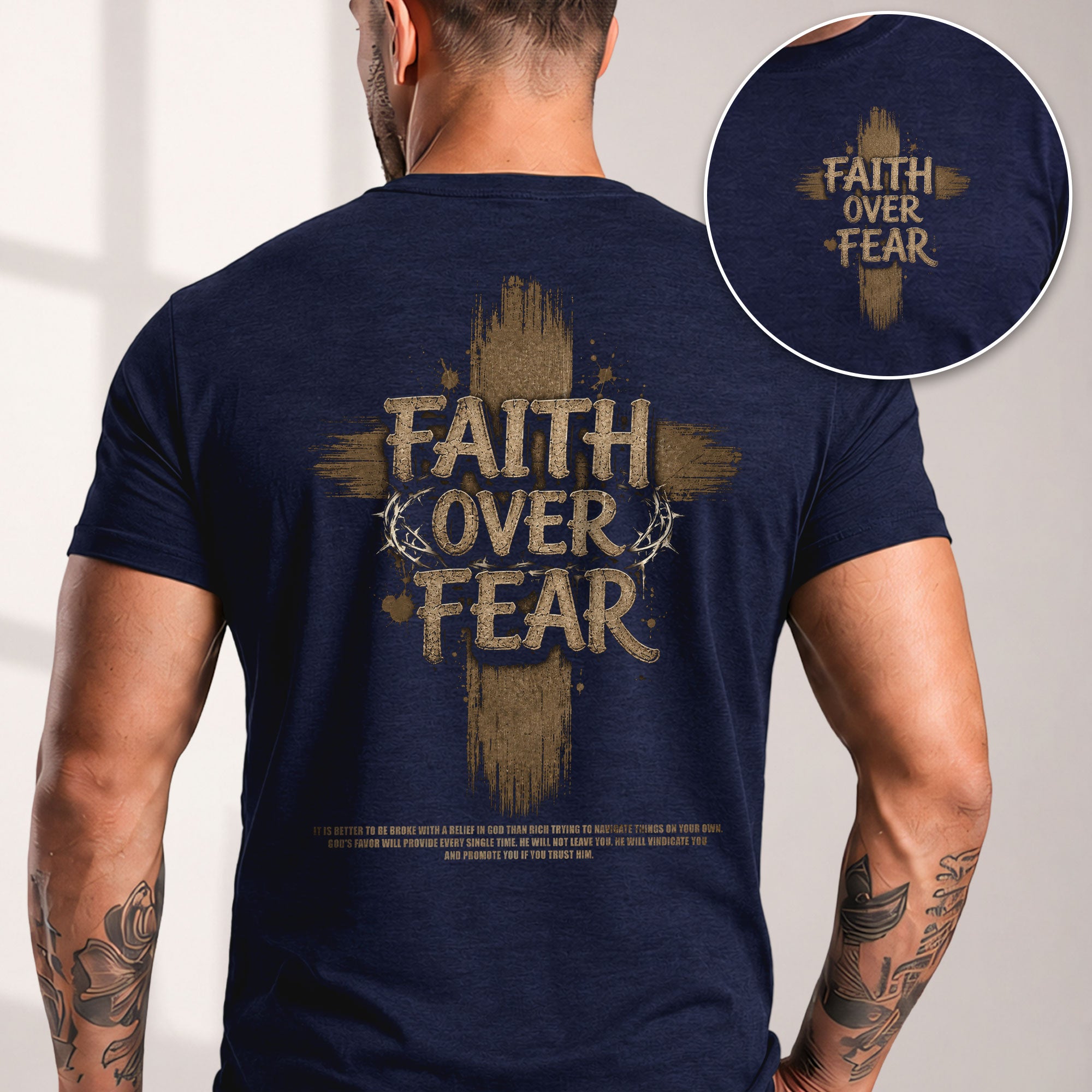 Faith Over Fear T Shirt Christian Wooden Cross Crown Of Thorns Religious Tee Top