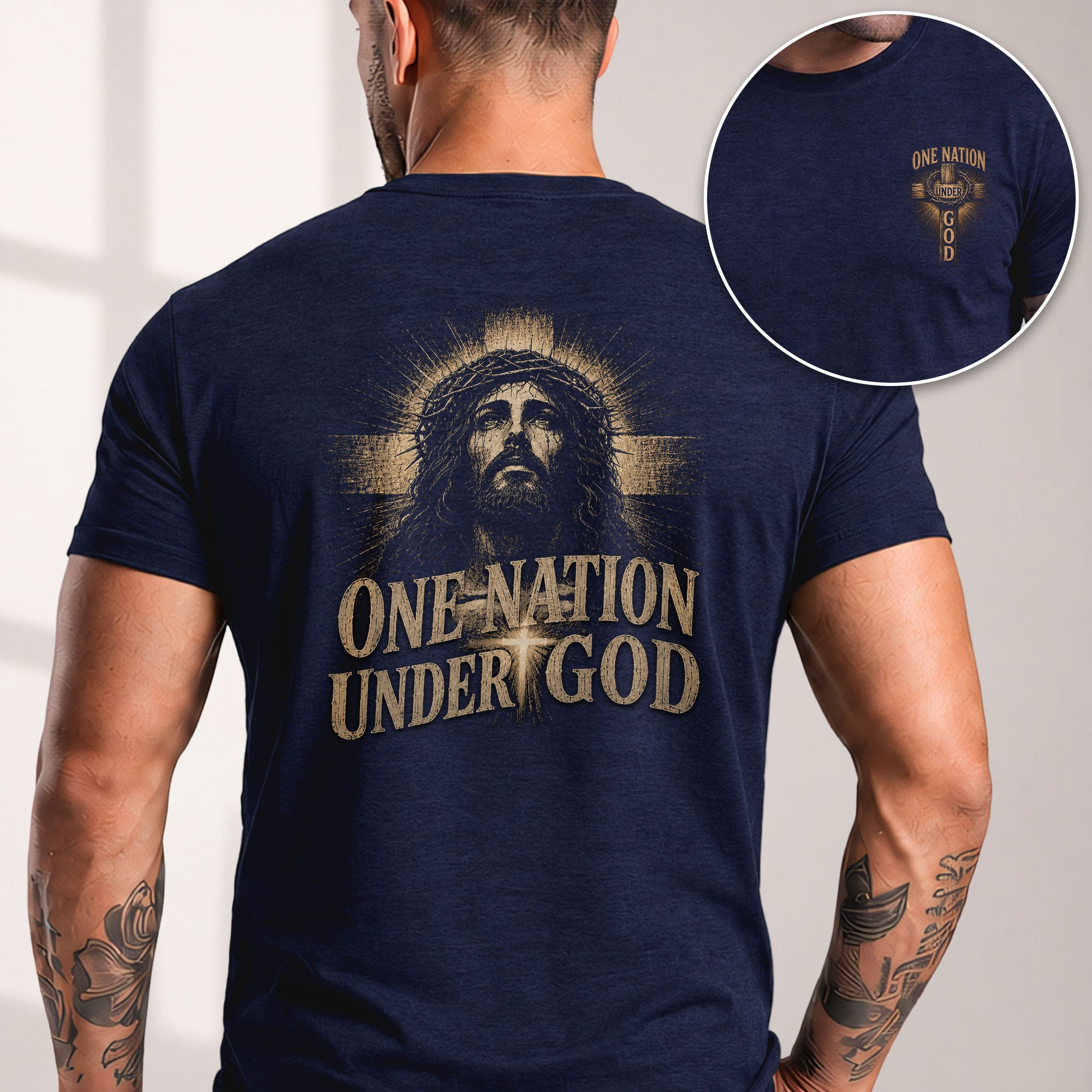 One Nation Under God Shirt Patriotic Christian Men Shirt Jesus Portrait Cross Graphic Tee