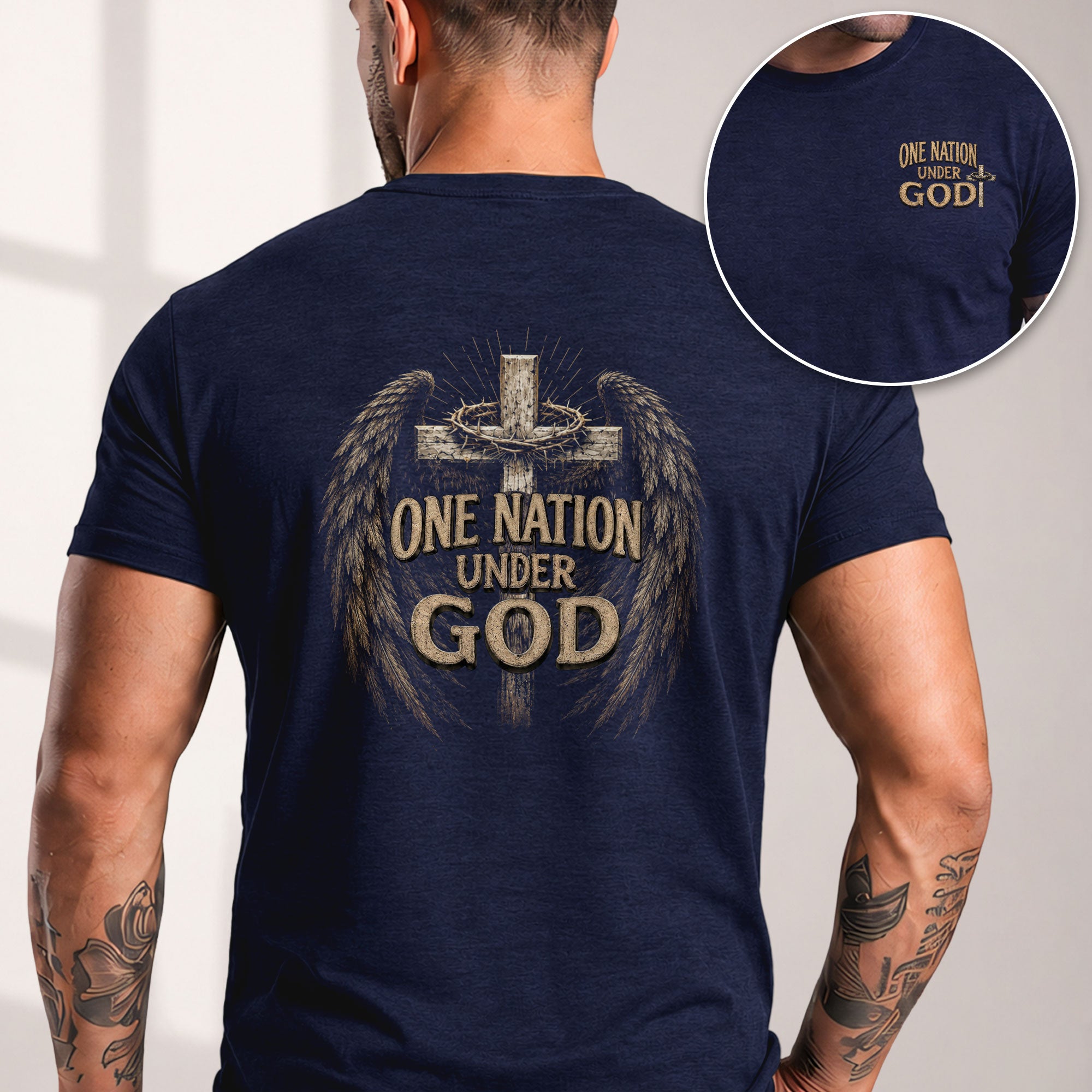One Nation Under God Shirt Patriotic Christian Men Shirt Angel Wings Cross Crown Of Thorns