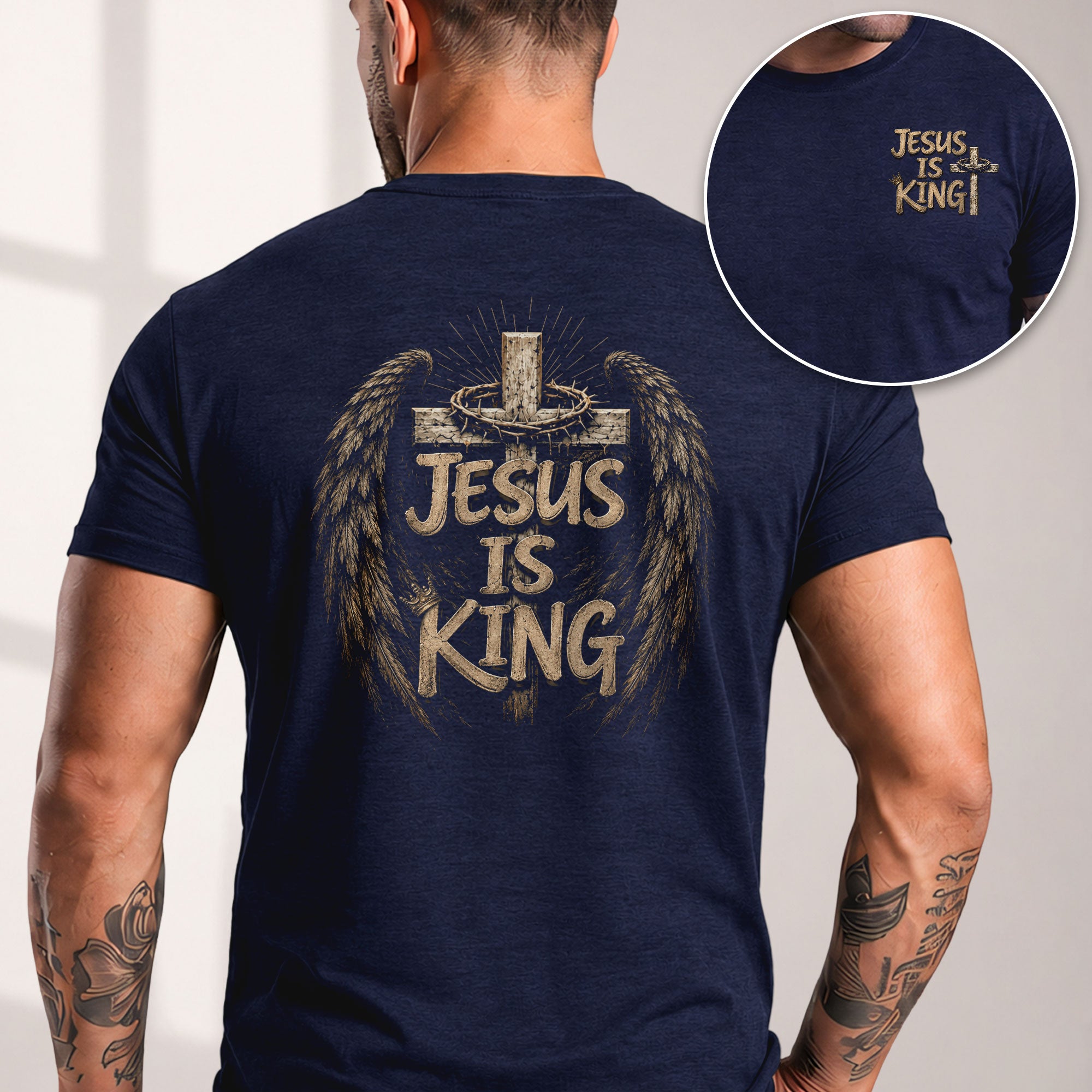 Jesus Is King Shirt Christian Men Shirt Angel Wings Cross Tee Crown Of Thorns Faith Graphic