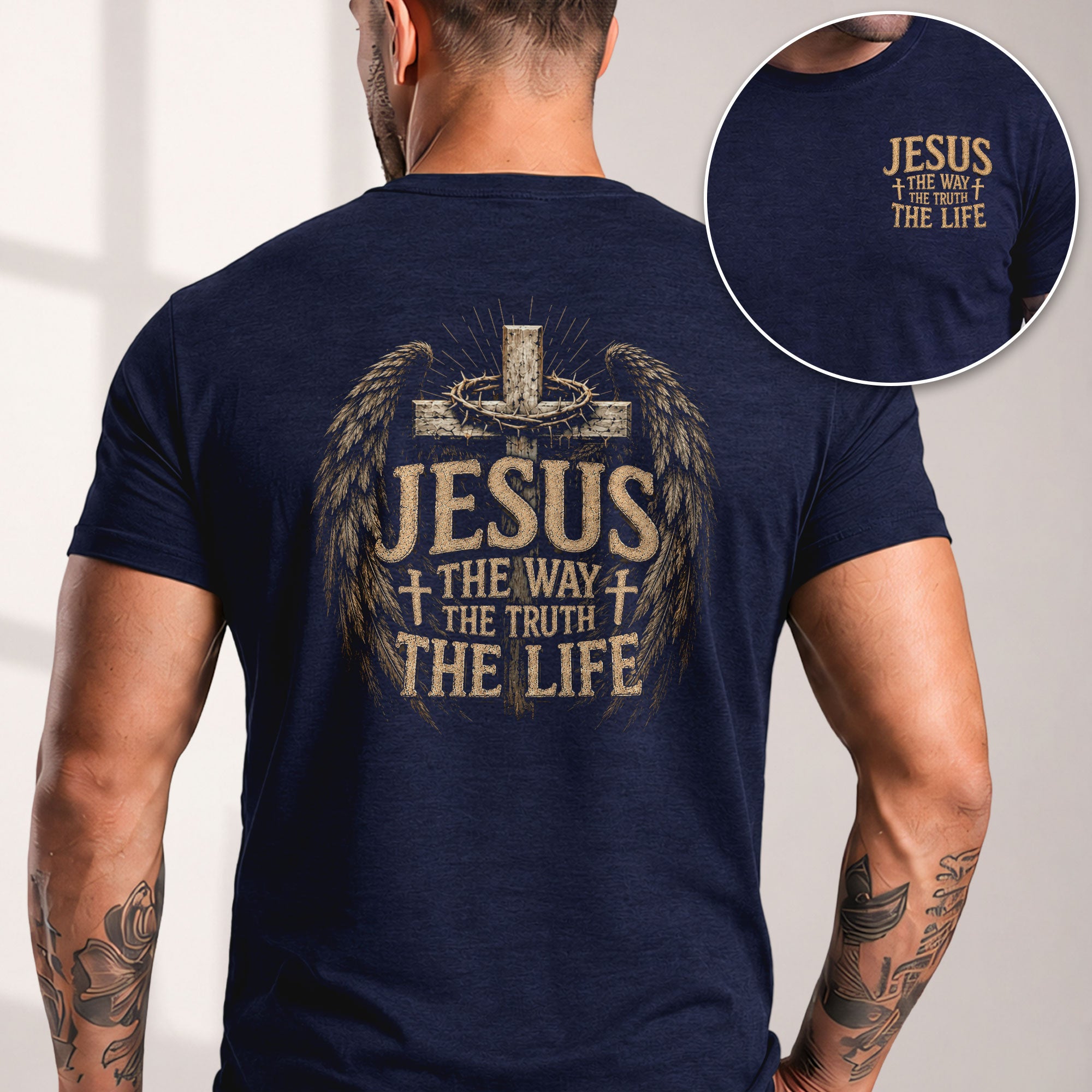 Jesus The Way The Truth The Life Cross Wings Crown Of Thorns Christian T Shirt Men