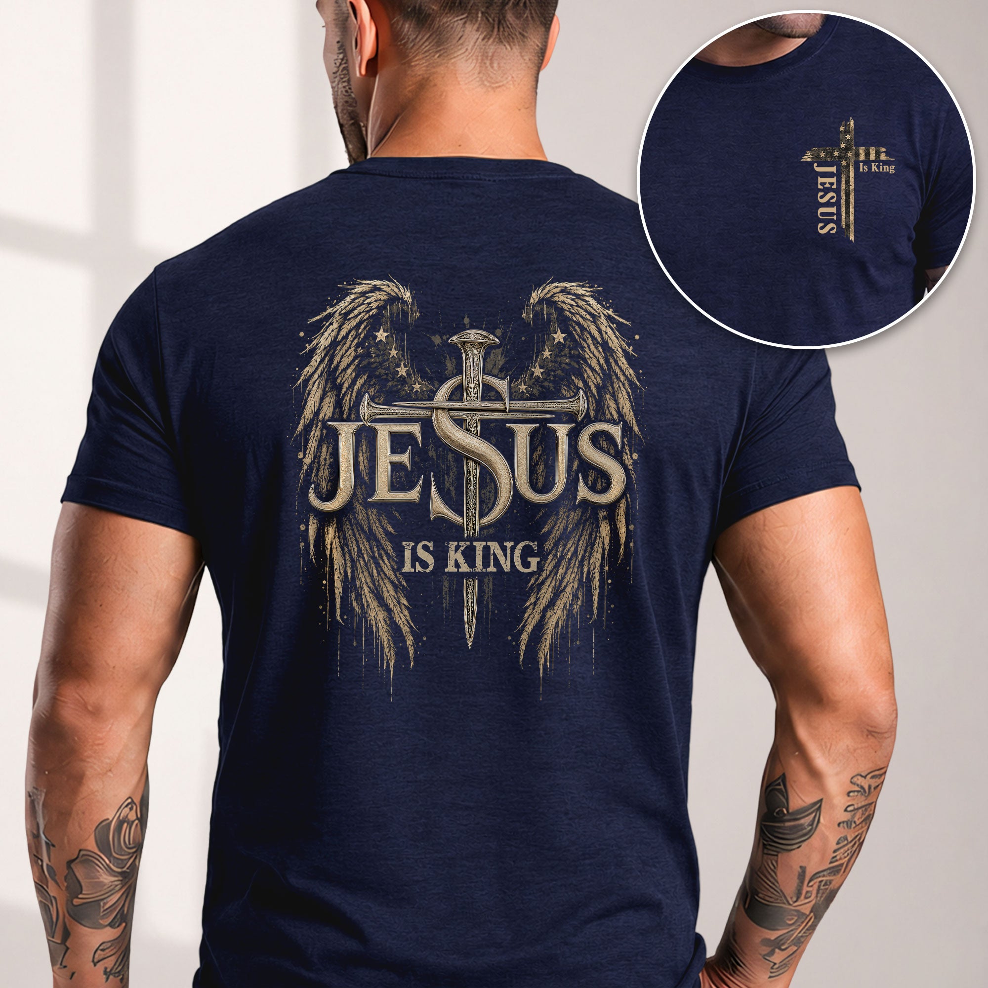 Jesus Is King Angel Wings Cross Graphic Christian T Shirt Apparel Men Clothing Top