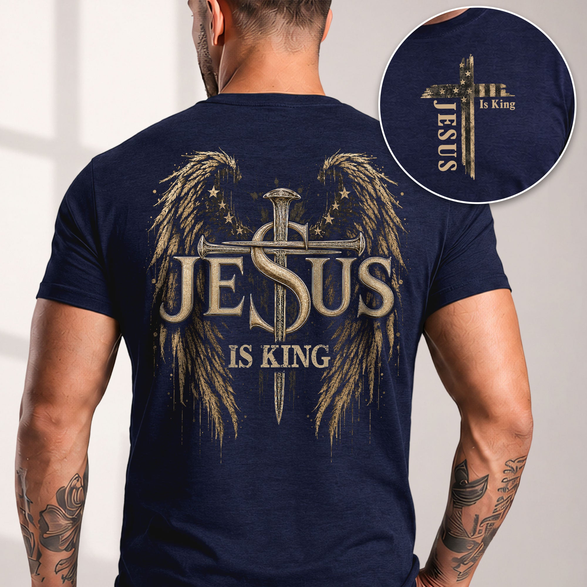Jesus Is King Angel Wings Cross Graphic Christian T Shirt Apparel Men Clothing Top - Rust Field Wear