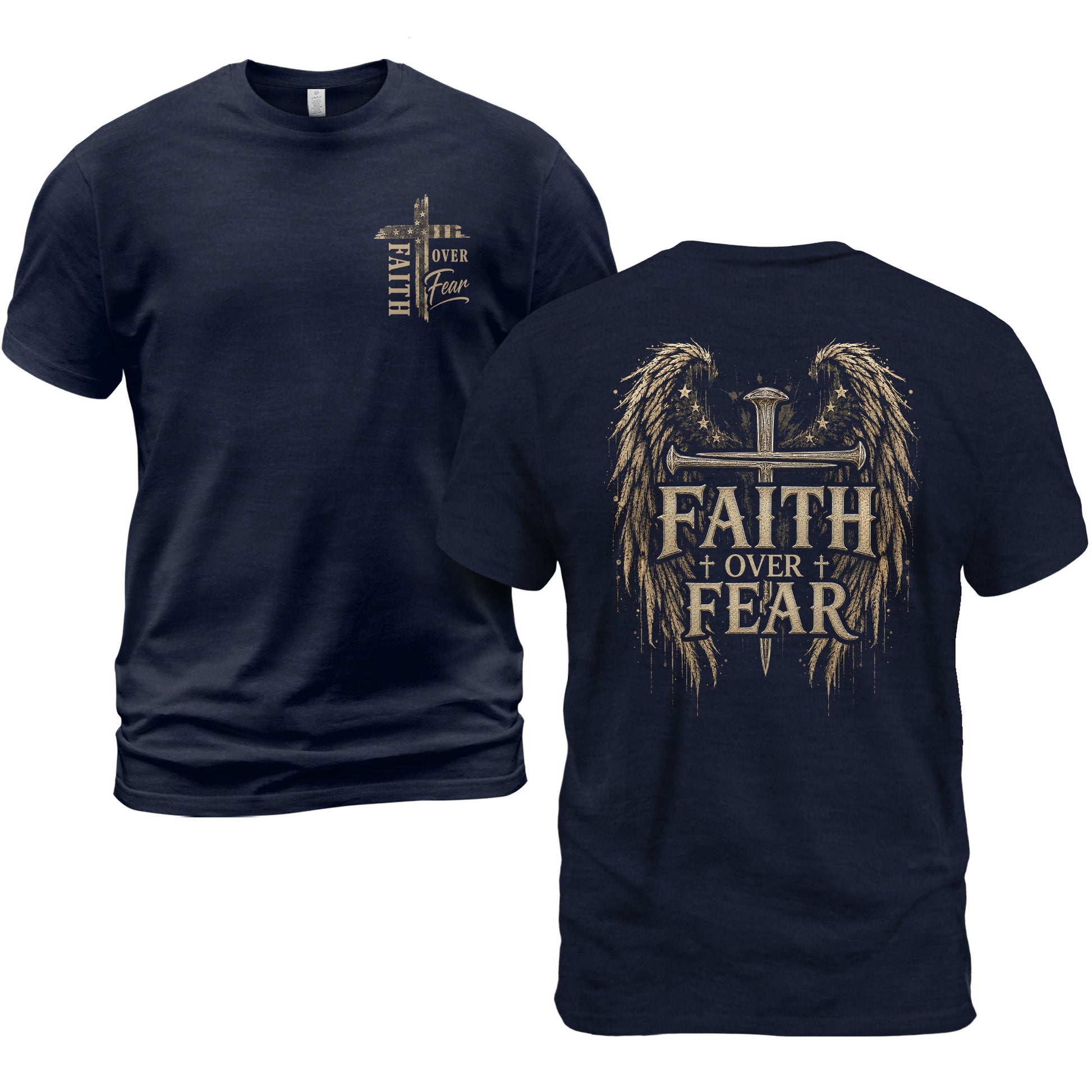 Faith Over Fear Angel Wings Cross Graphic Christian Tee Shirt Apparel Men Clothing - Rust Field Wear