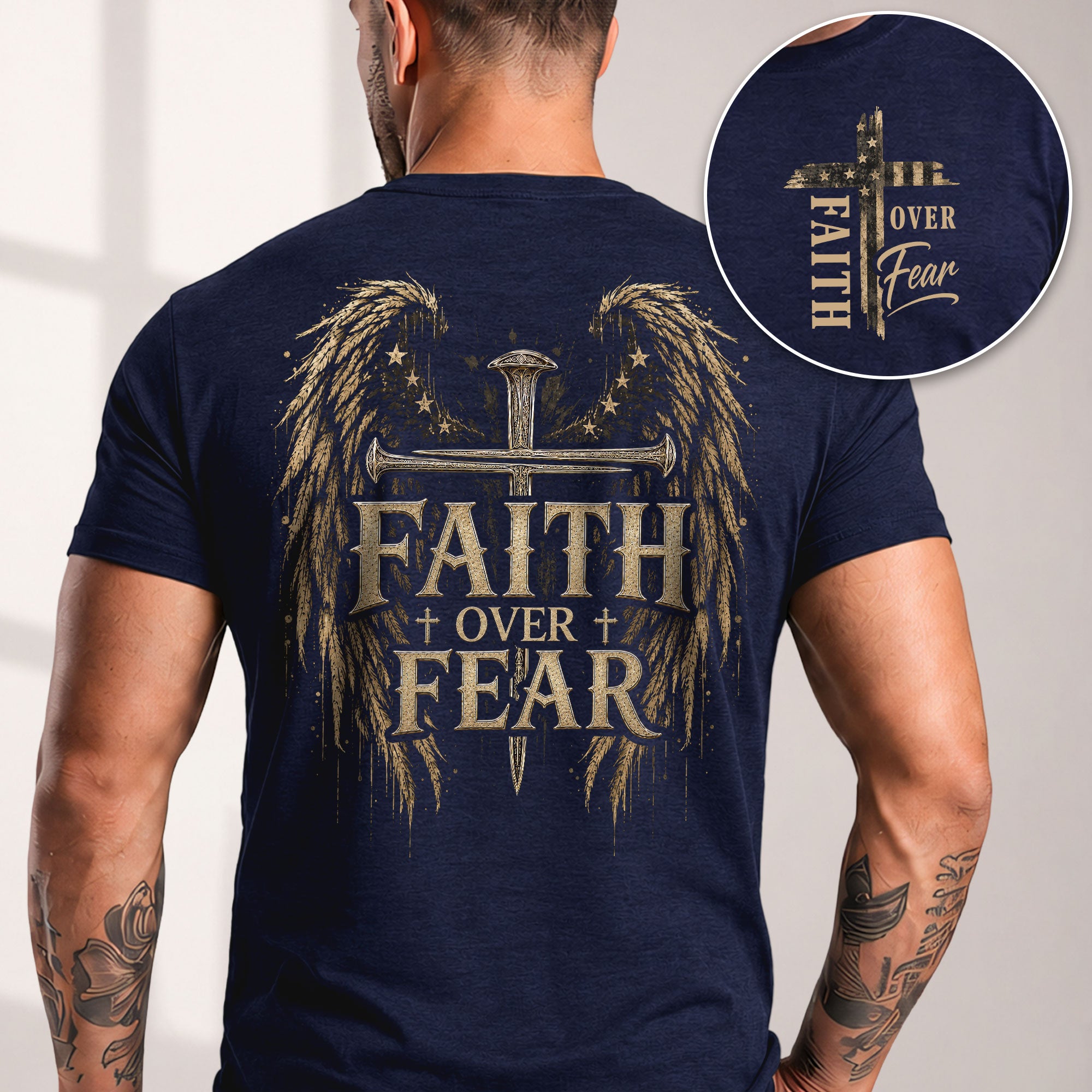 Faith Over Fear Angel Wings Cross Graphic Christian Tee Shirt Apparel Men Clothing - Rust Field Wear