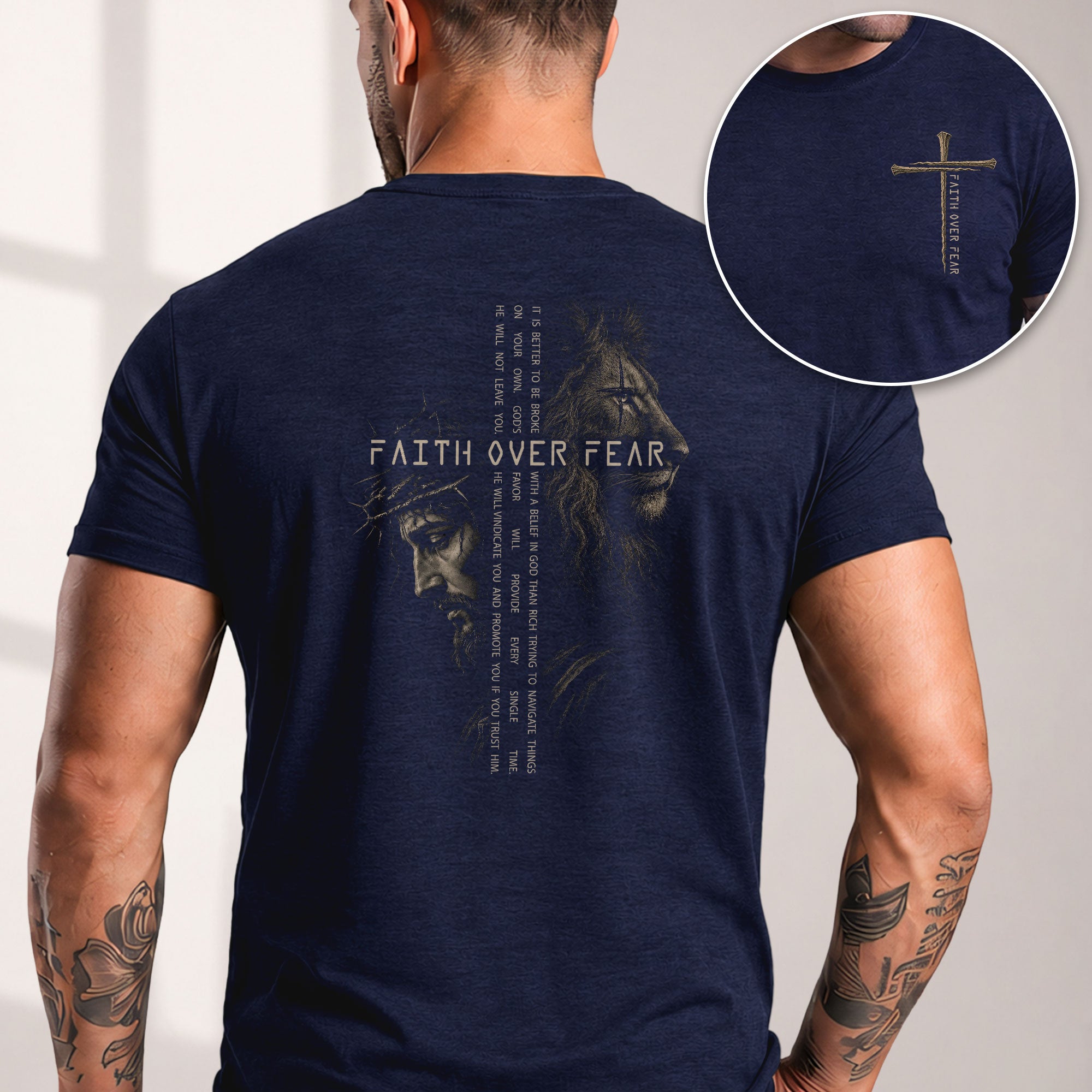 Faith Over Fear Jesus Lion Scripture Graphic Christian T Shirt Apparel Men Clothing