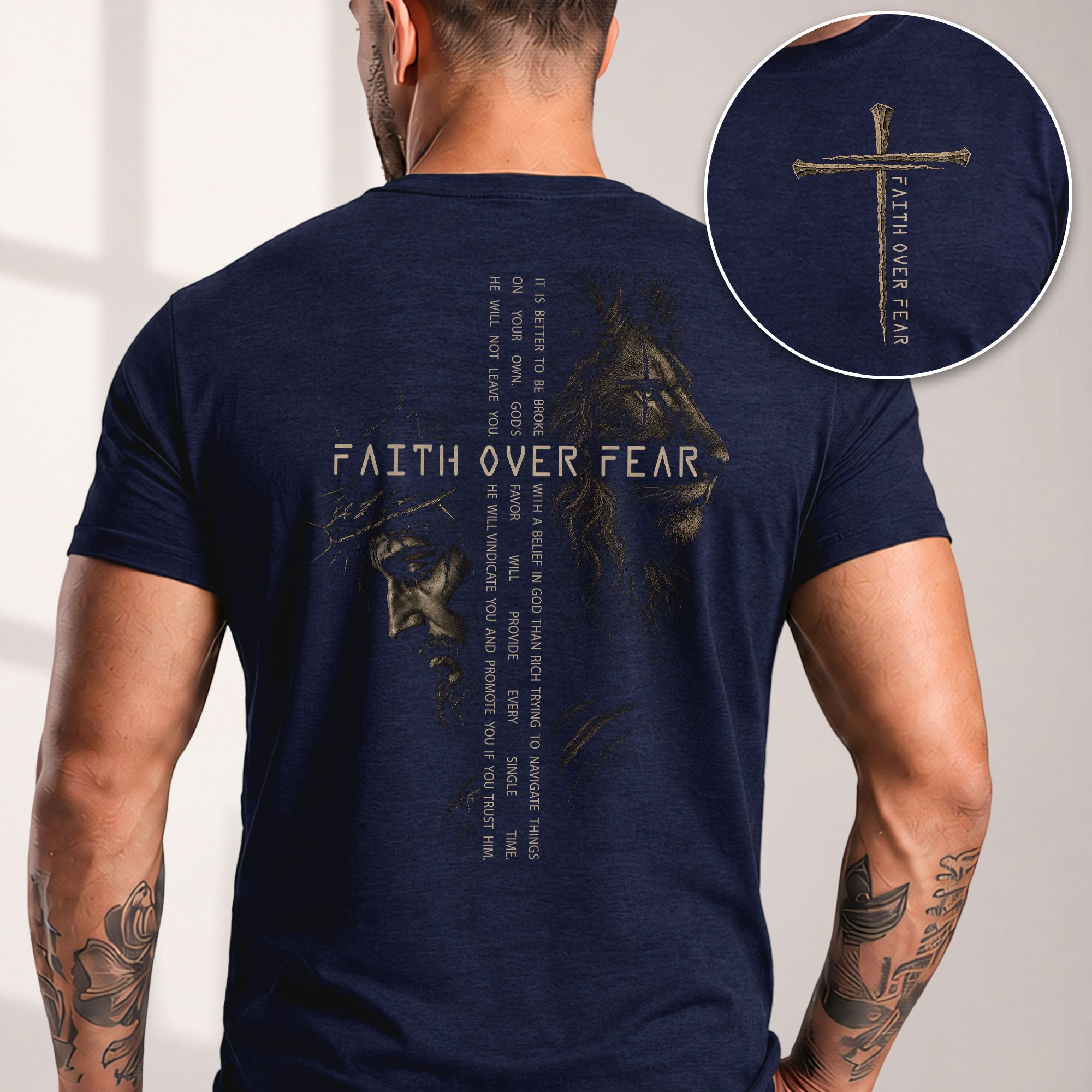 Faith Over Fear Jesus Lion Scripture Graphic Christian T Shirt Apparel Men Clothing - Rust Field Wear