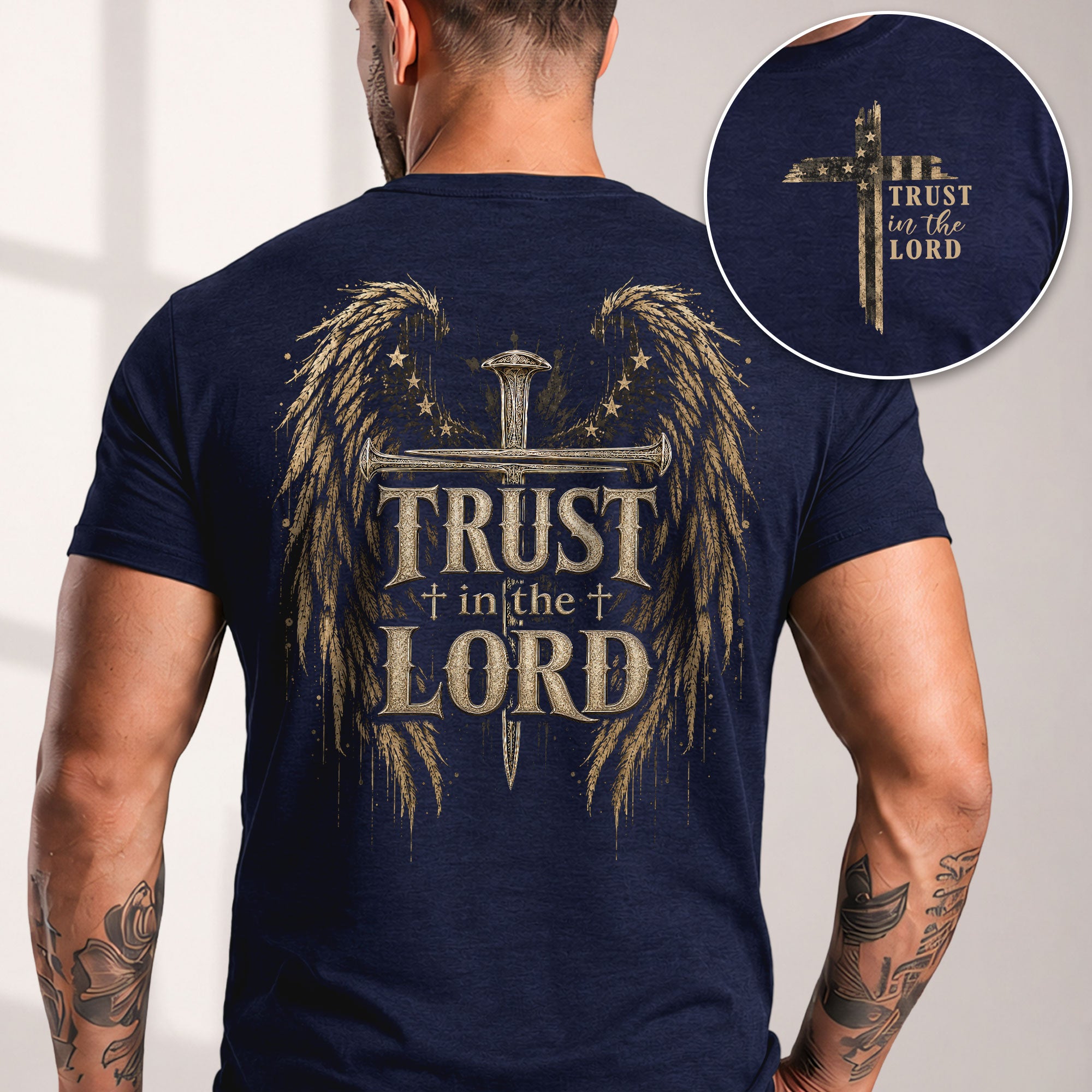 Trust In The Lord Angel Wings Cross Graphic Christian T Shirt Apparel Men Clothing - Rust Field Wear