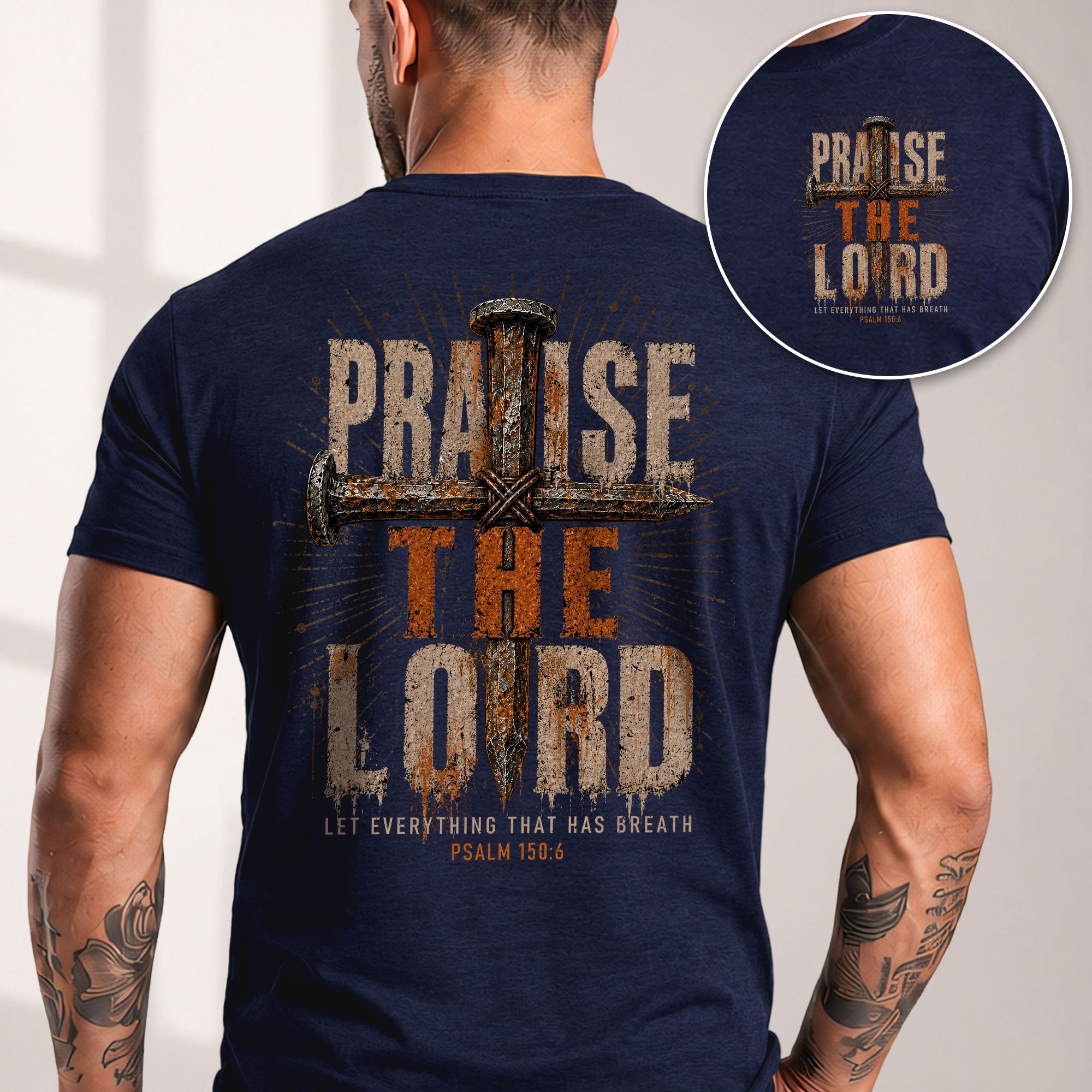 Praise The Lord Shirt Rustic Cross Christian Faith Quote Psalm 150 6 Men Graphic Tee - Rust Field Wear