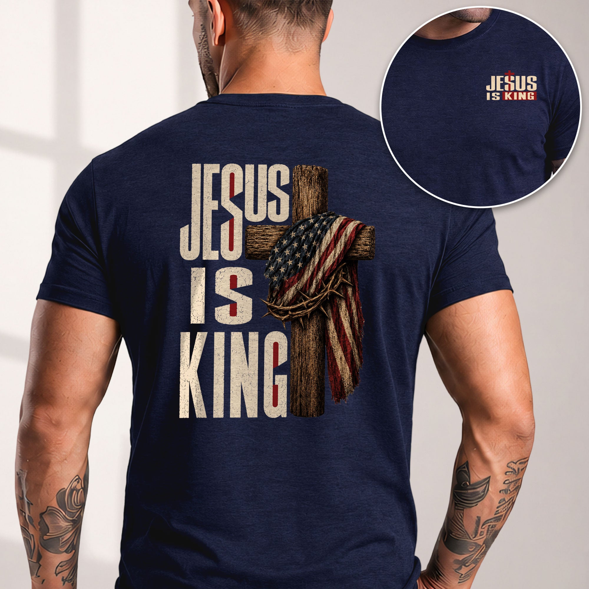 Jesus Is King Shirt Patriotic Christian Men Shirt Wooden Cross American Flag Crown Of Thorns