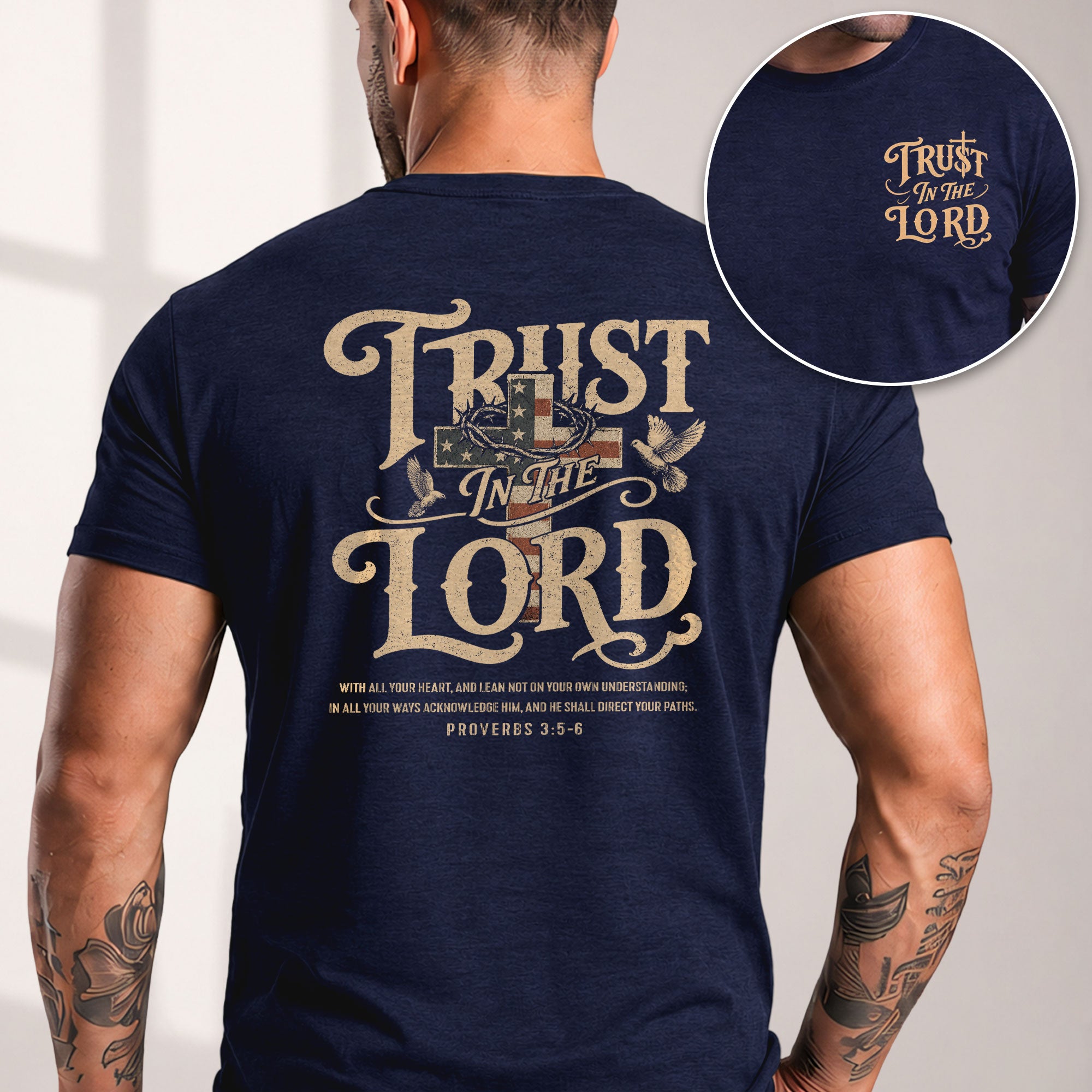 Trust In The Lord Proverbs American Flag Cross Doves Christian Graphic T Shirt Men