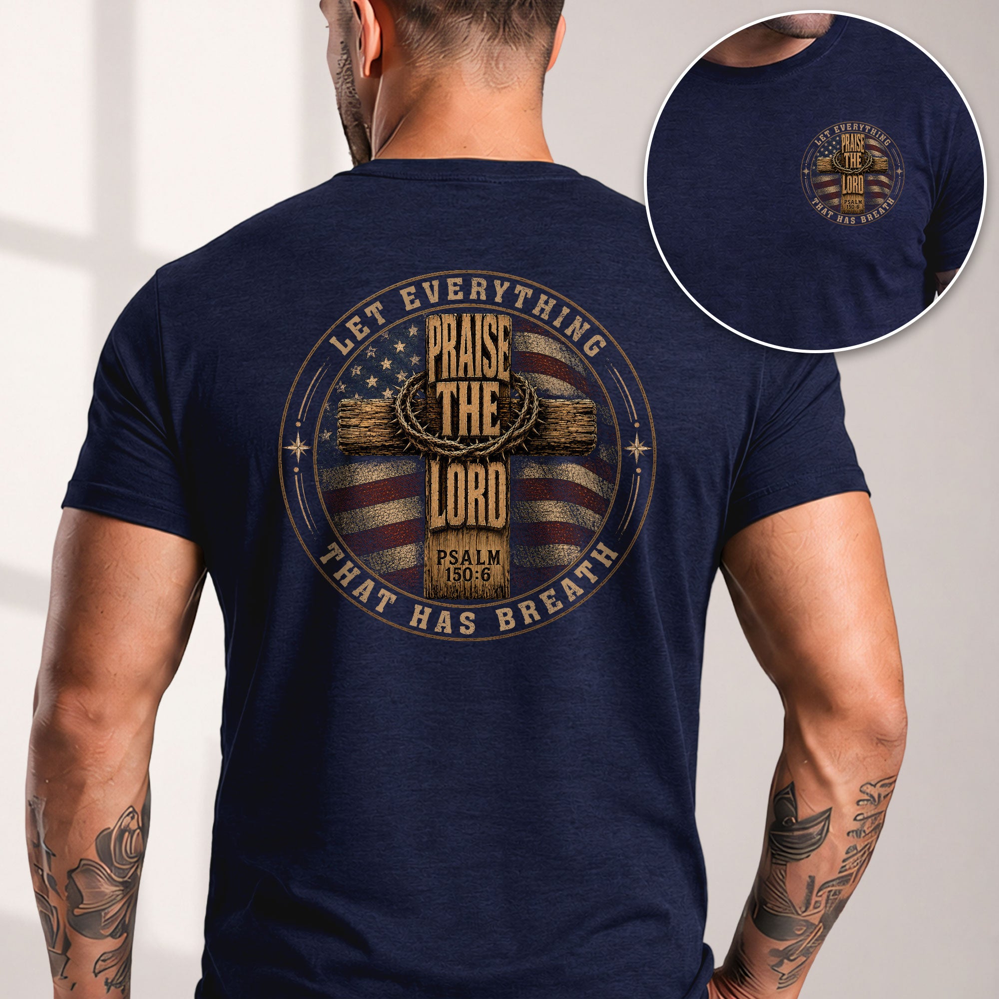 Let Everything That Has Breath Praise The Lord American Flag Cross Graphic Tee Men