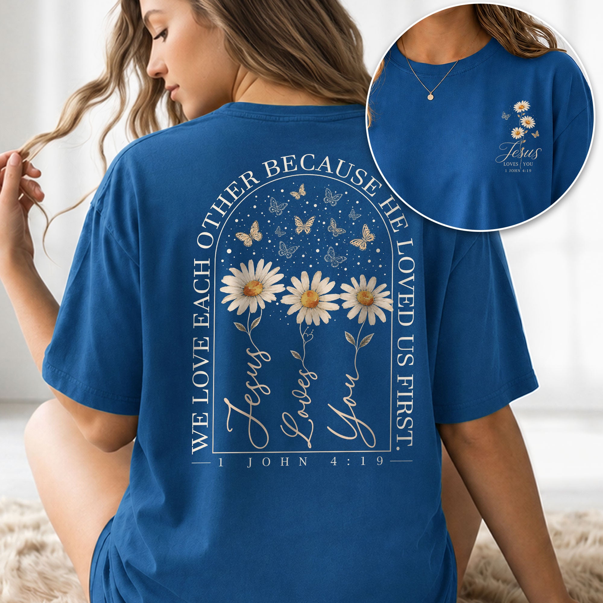 Jesus Loves You Daisy Butterfly Floral Christian Graphic Casual Basic Tee Shirt Women