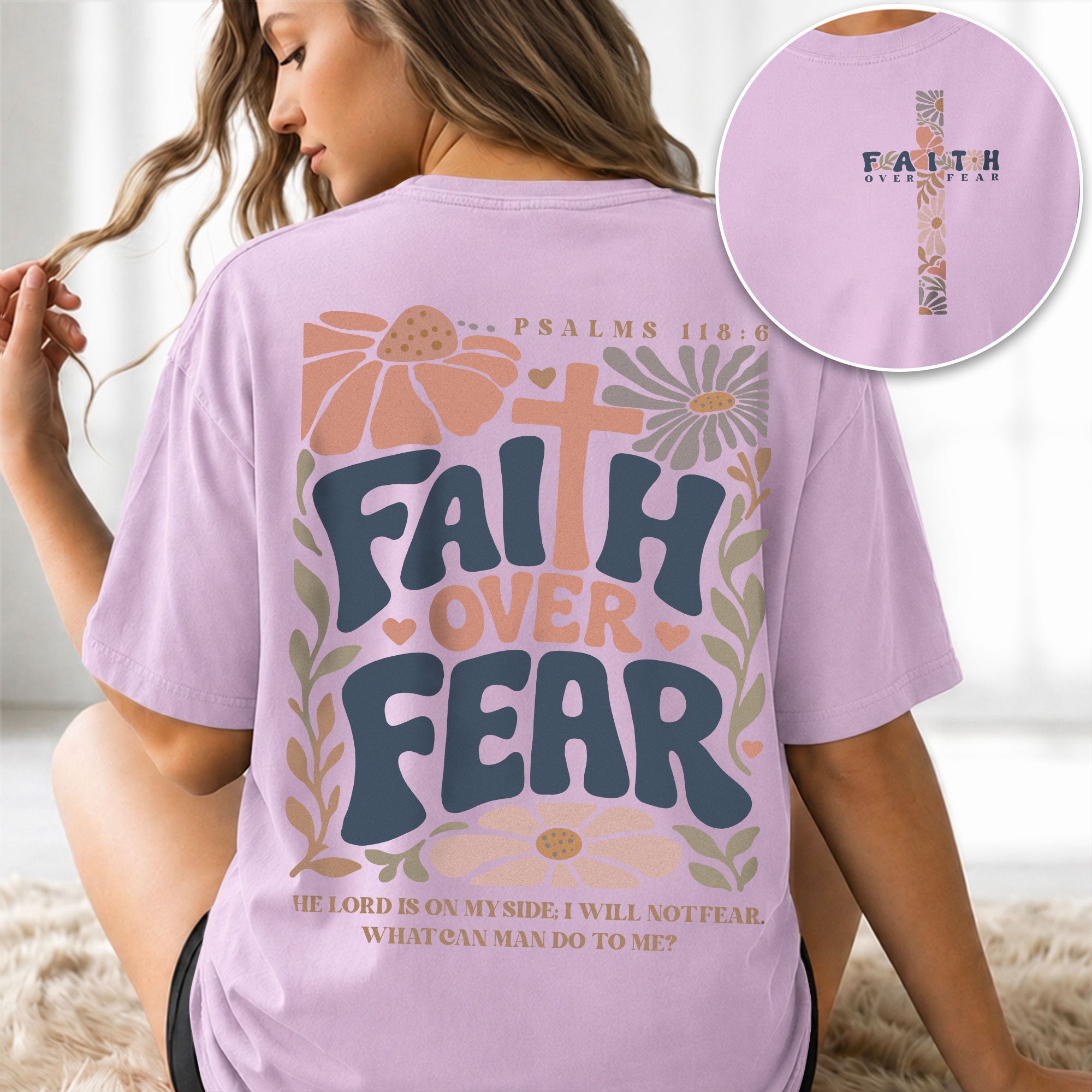 Faith Over Fear Shirt Christian Women Floral Cross Shirt Retro Psalm 118 Bible Verse Tee