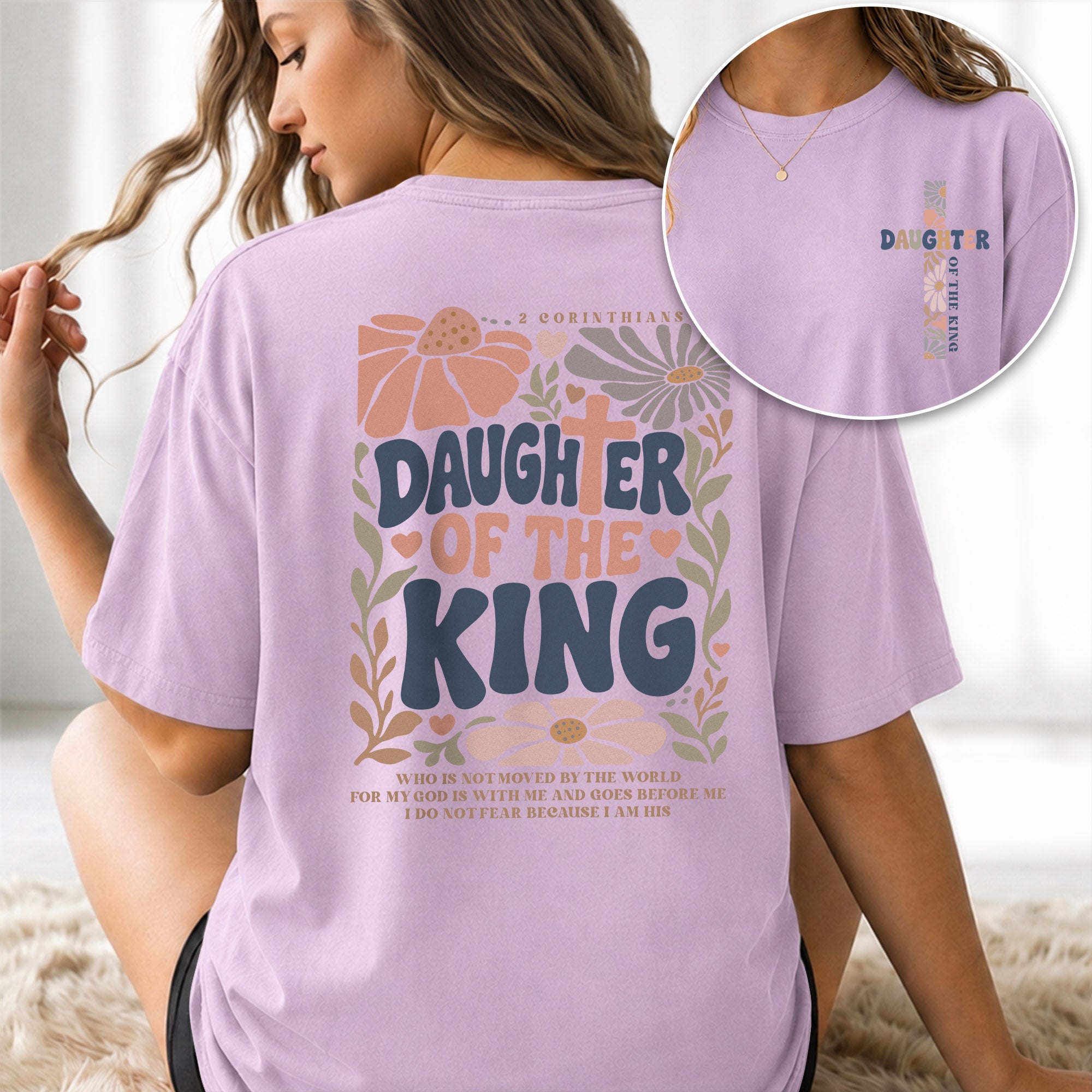 Daughter Of The King Retro Floral Cross Christian Graphic Everyday Tee Shirt Women