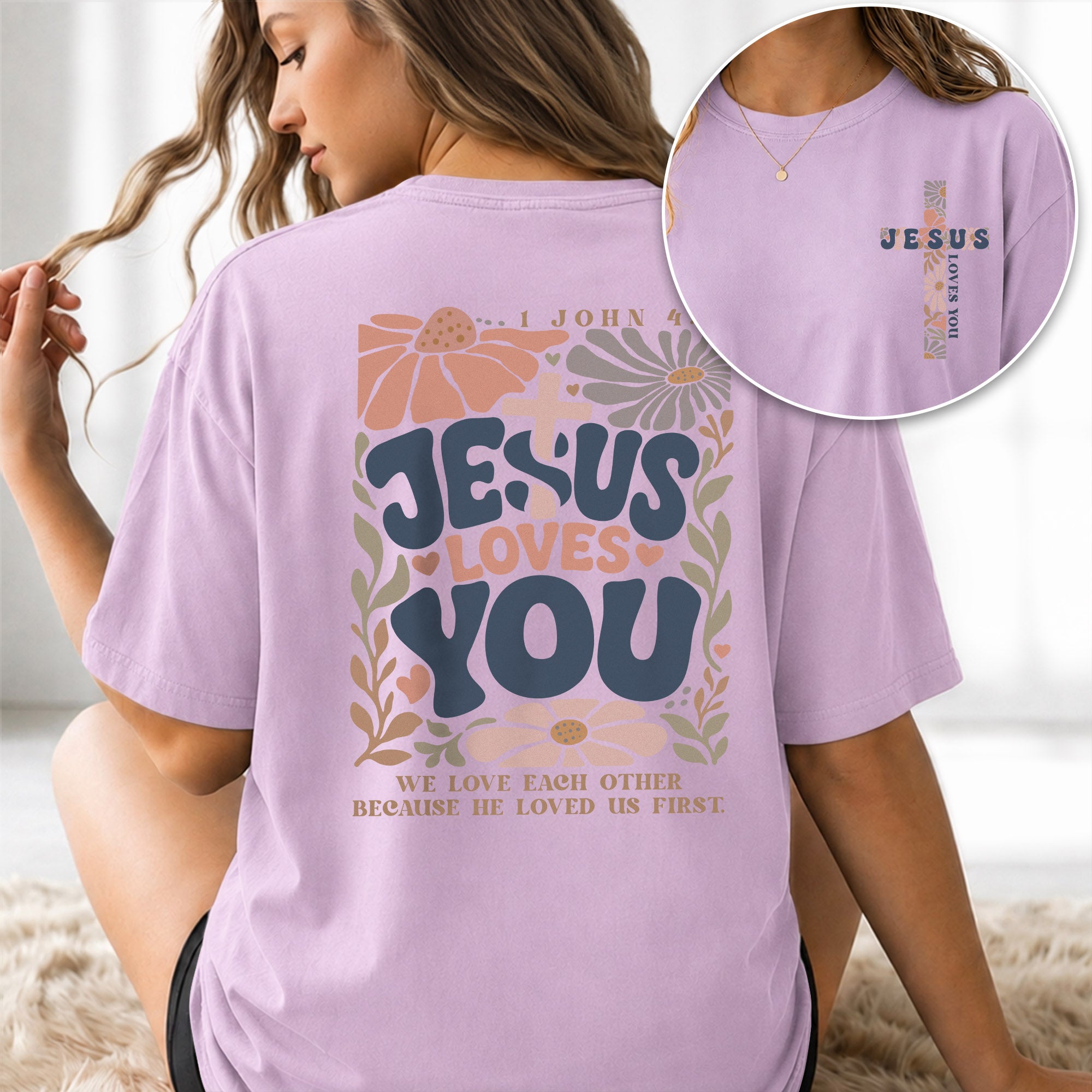 Jesus Loves You Retro Floral Cross Christian Graphic Casual Basic Tee Shirt Women