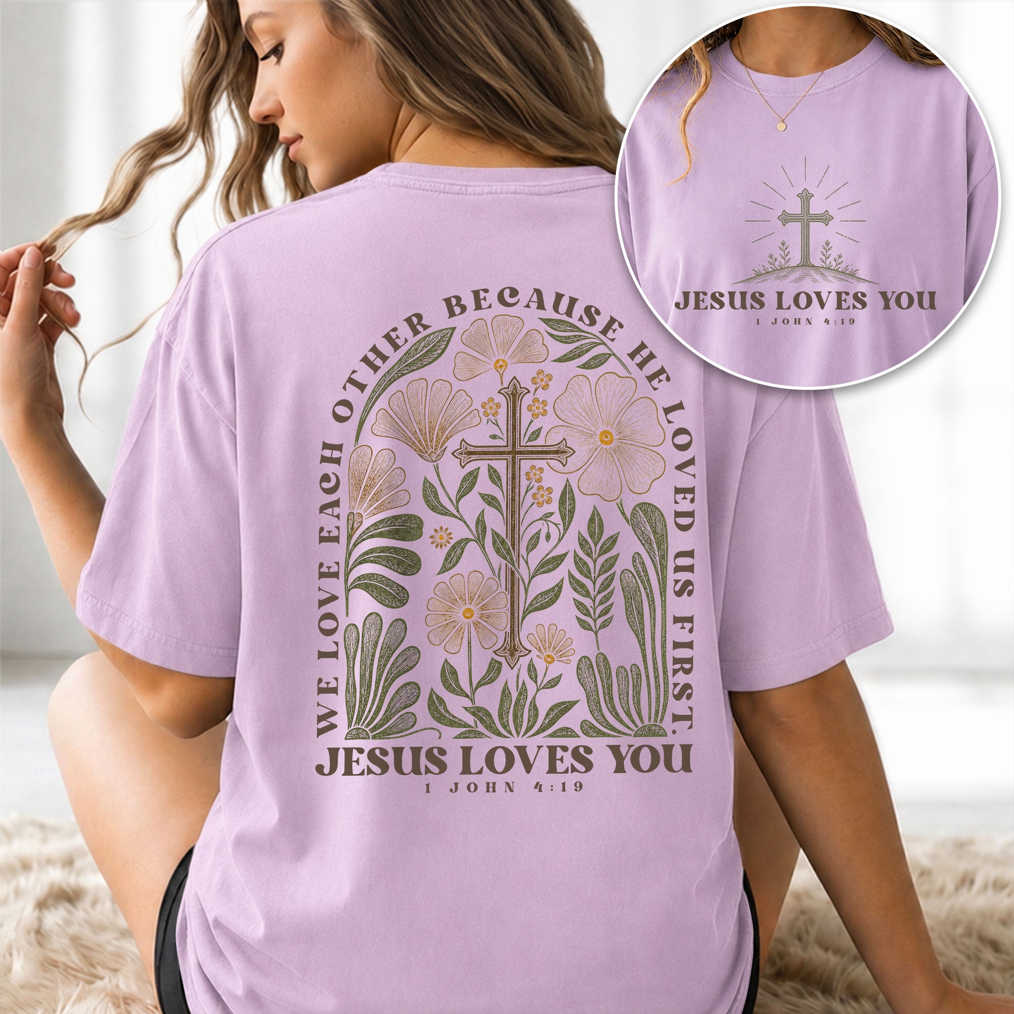 Jesus Loves You 1 John 4 19 Cross Floral Christian Graphic Casual Tee Shirt Women