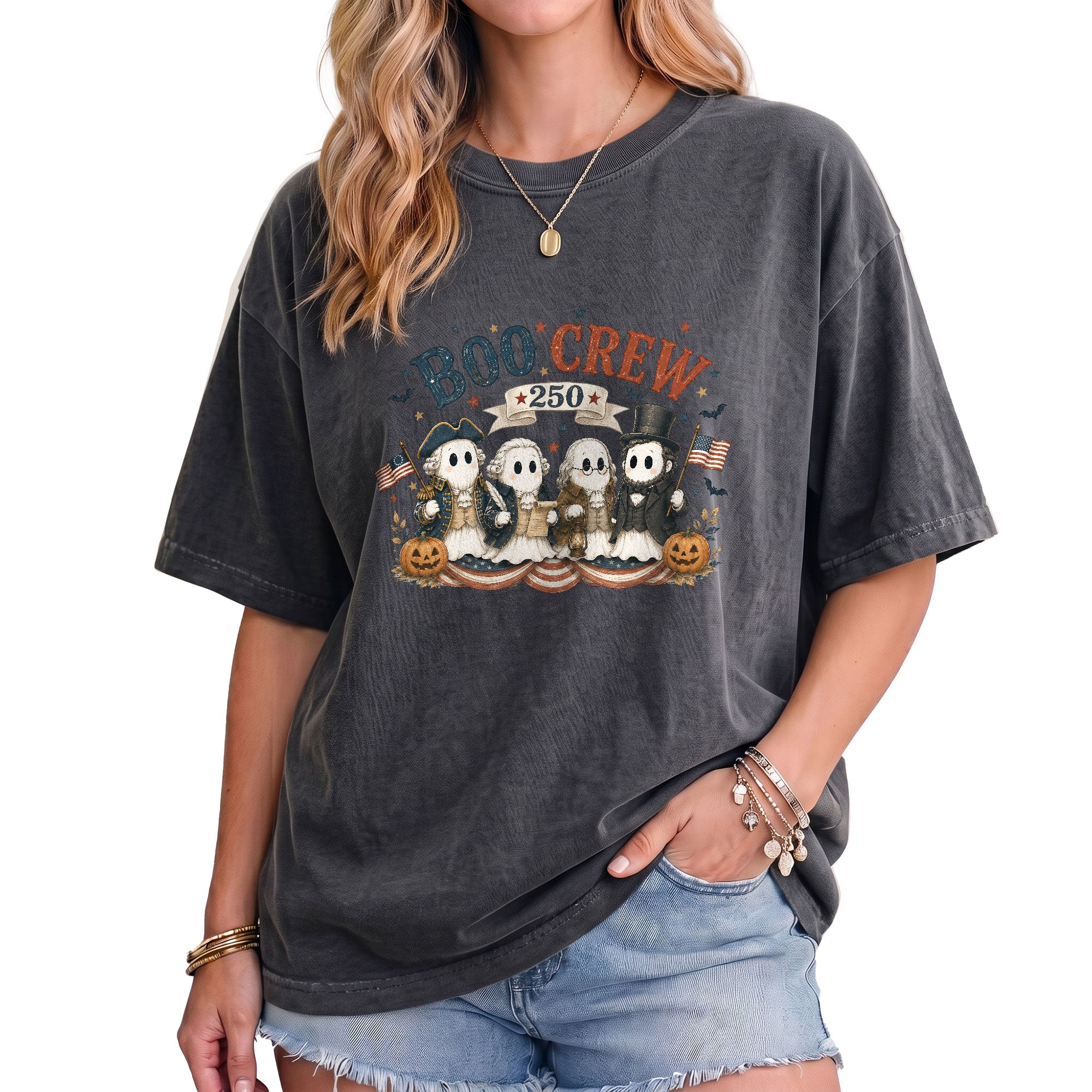 Boo Crew Halloween Shirt Patriotic Founding Fathers Ghosts US Flag Historical Tee