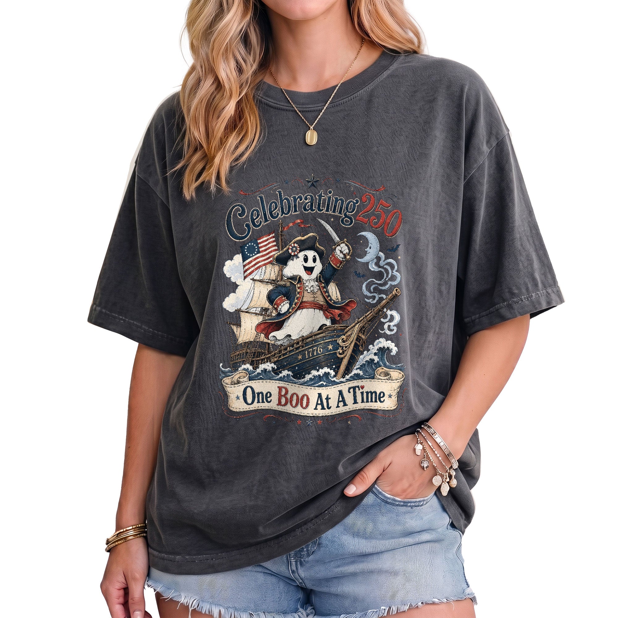 One Boo At A Time Shirt Celebrating 250 Ghost Captain Ship Patriotic Halloween Tee