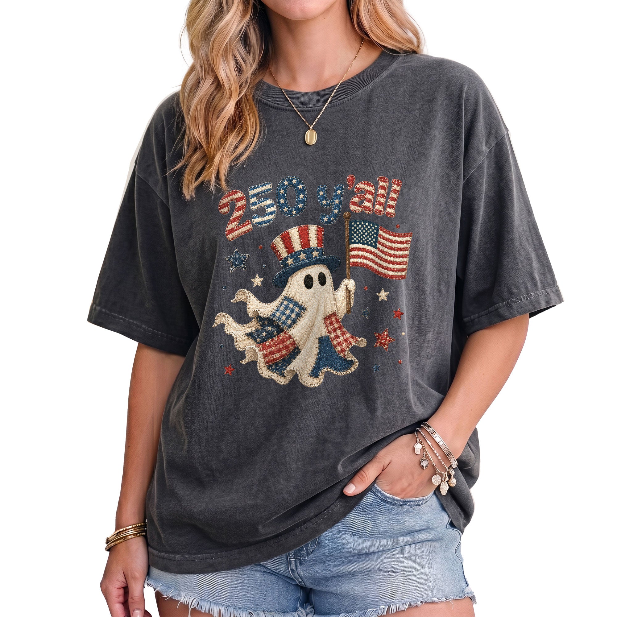250 Y'all Shirt Patriotic Halloween Ghost Uncle Sam Hat American Flag Graphic Tee