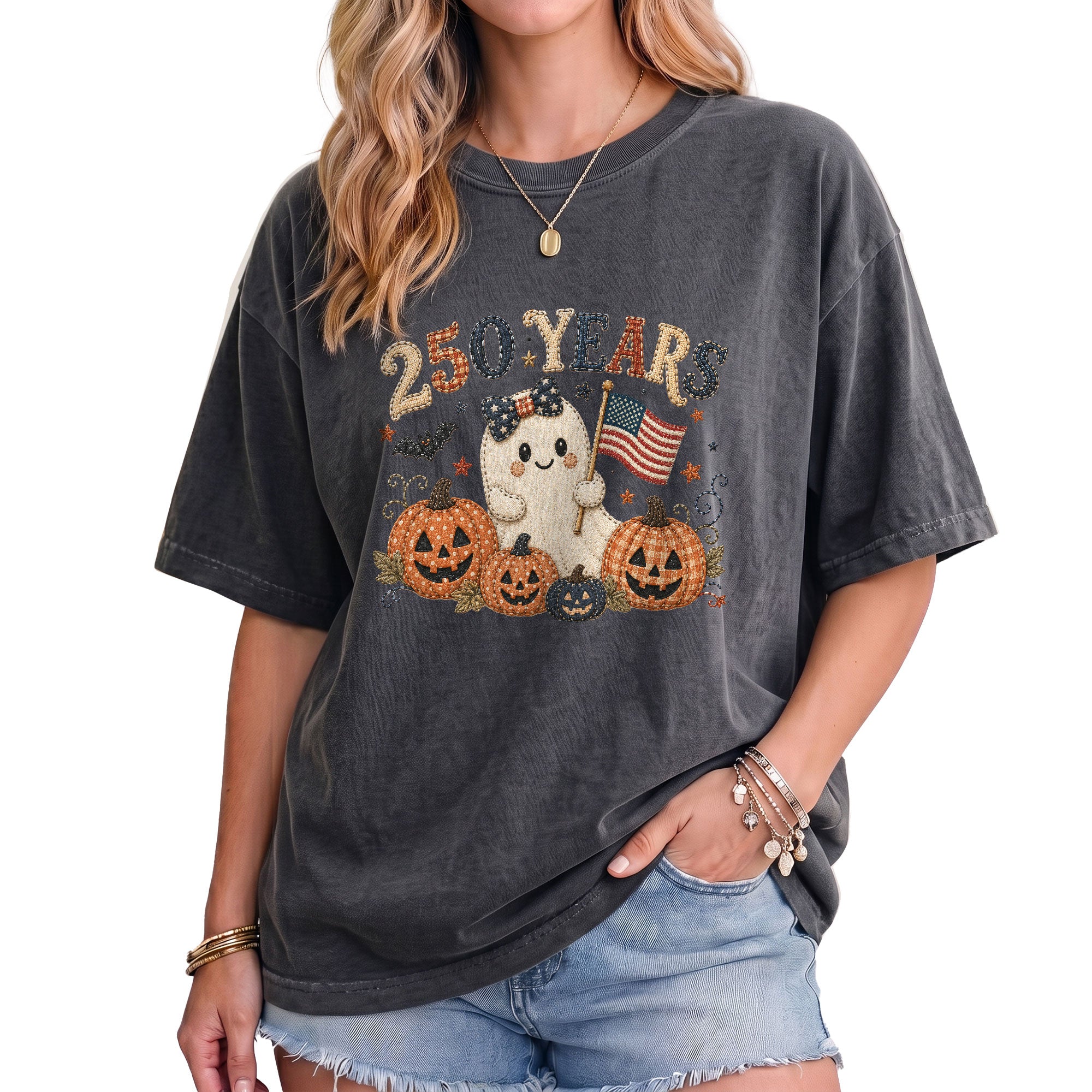 Patriotic Halloween Shirt Patchwork Ghost American Flag Pumpkin Graphic Tee