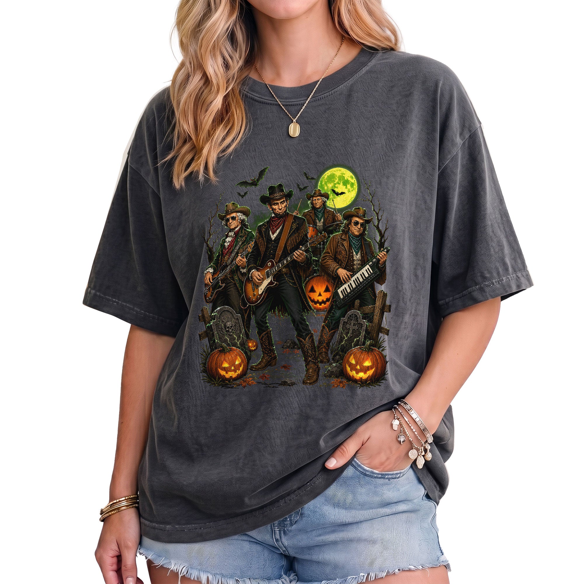Lincoln Playing Guitar Halloween Shirt Funny Presidents Rock Band Spooky Graphic Tee