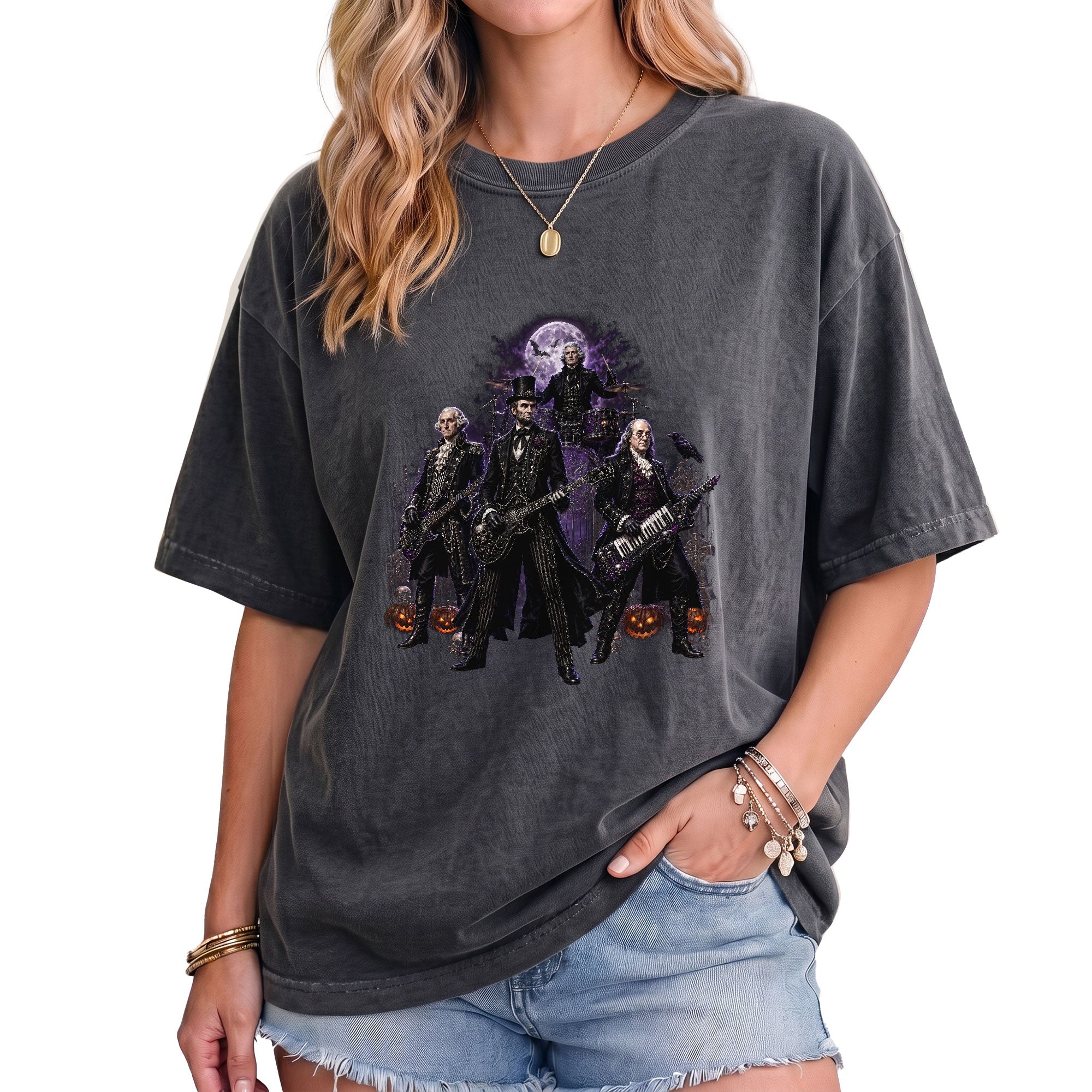 Lincoln Playing Guitar Halloween Shirt Funny Presidents Rock Band Goth Graphic Tee