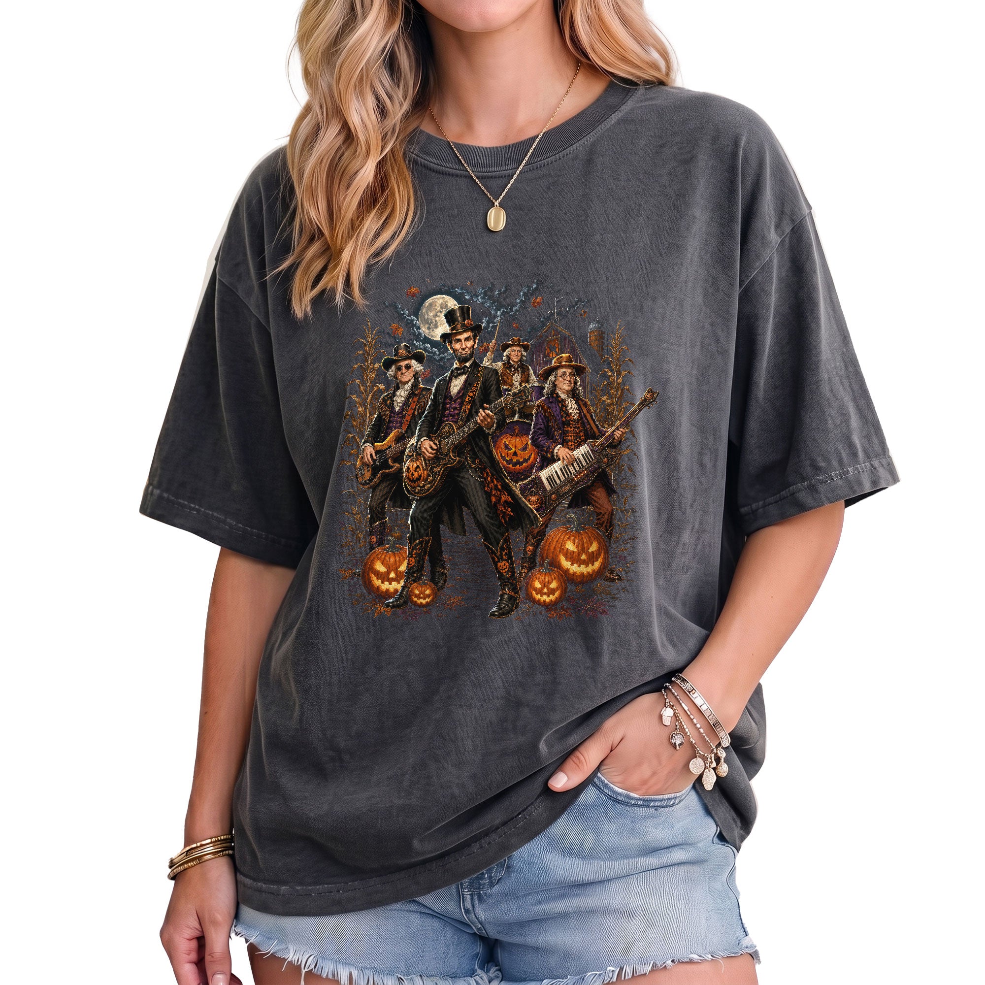 Lincoln Playing Guitar Halloween Shirt Midnight Cemetery Rock Band Vintage Tee