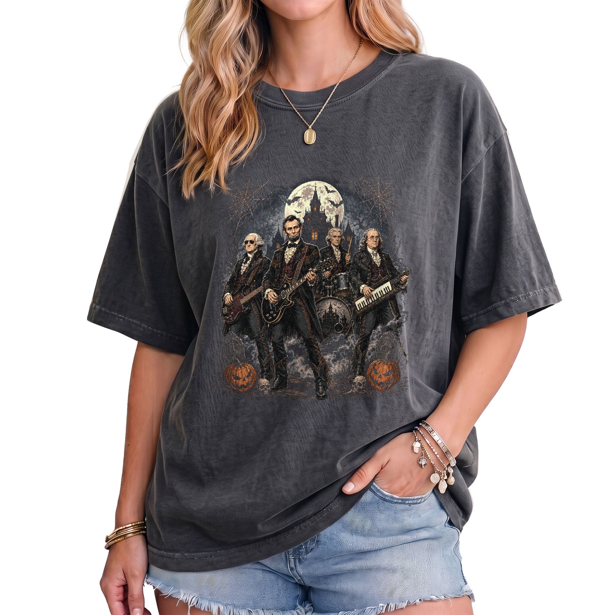 Lincoln Playing Guitar Halloween Shirt Spooky Haunted Mansion Presidential Rock Band Tee