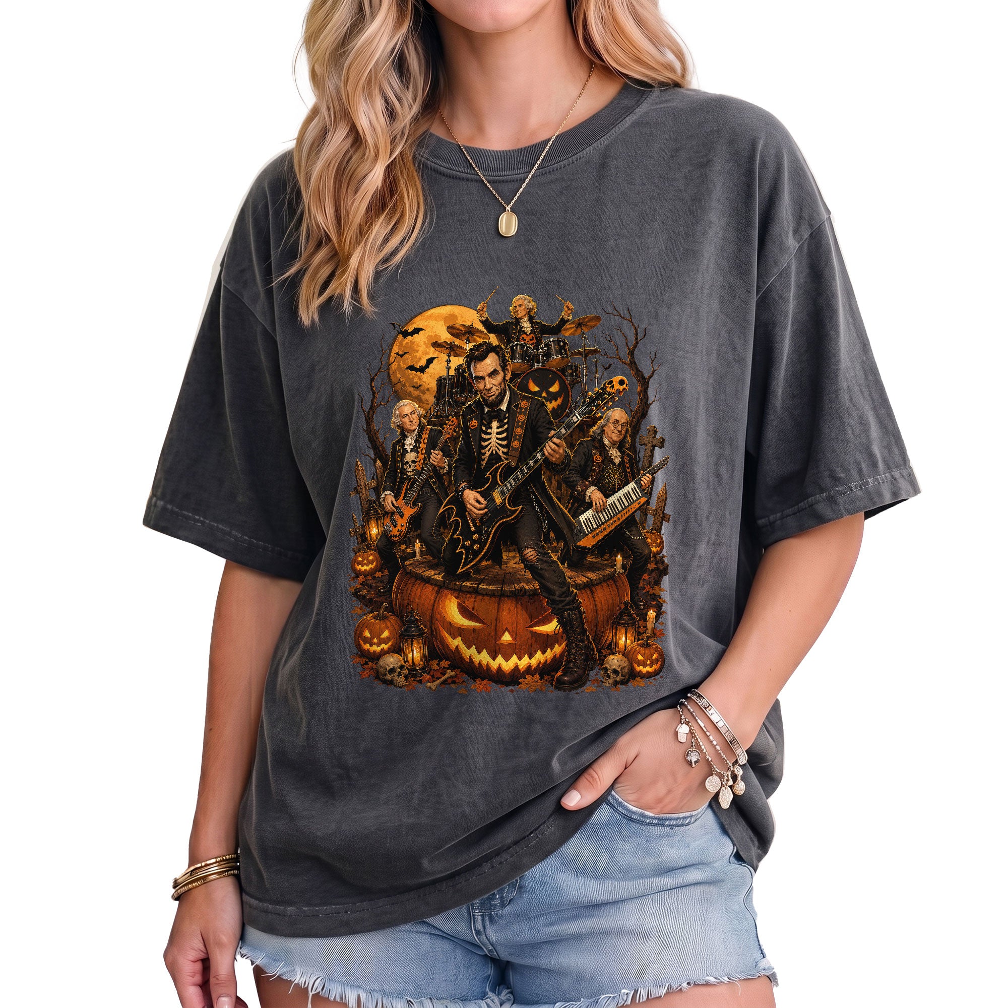 Lincoln Playing Guitar Halloween Shirt Giant Jack O Lantern Stage Skeleton Rock Band Tee