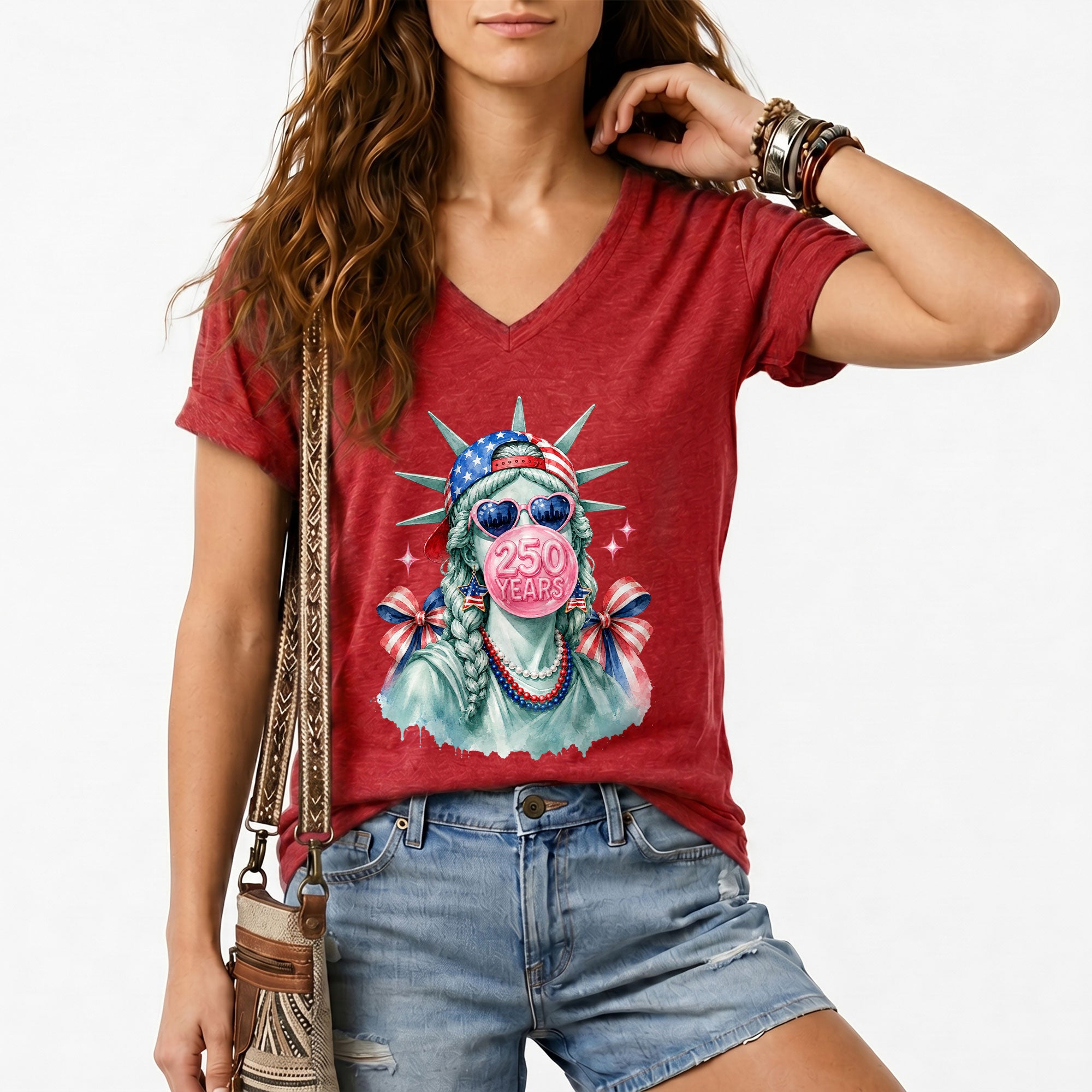 Statue of Liberty V-Neck Shirt Cute Bubble Gum Heart Sunglasses Patriotic Graphic Tee