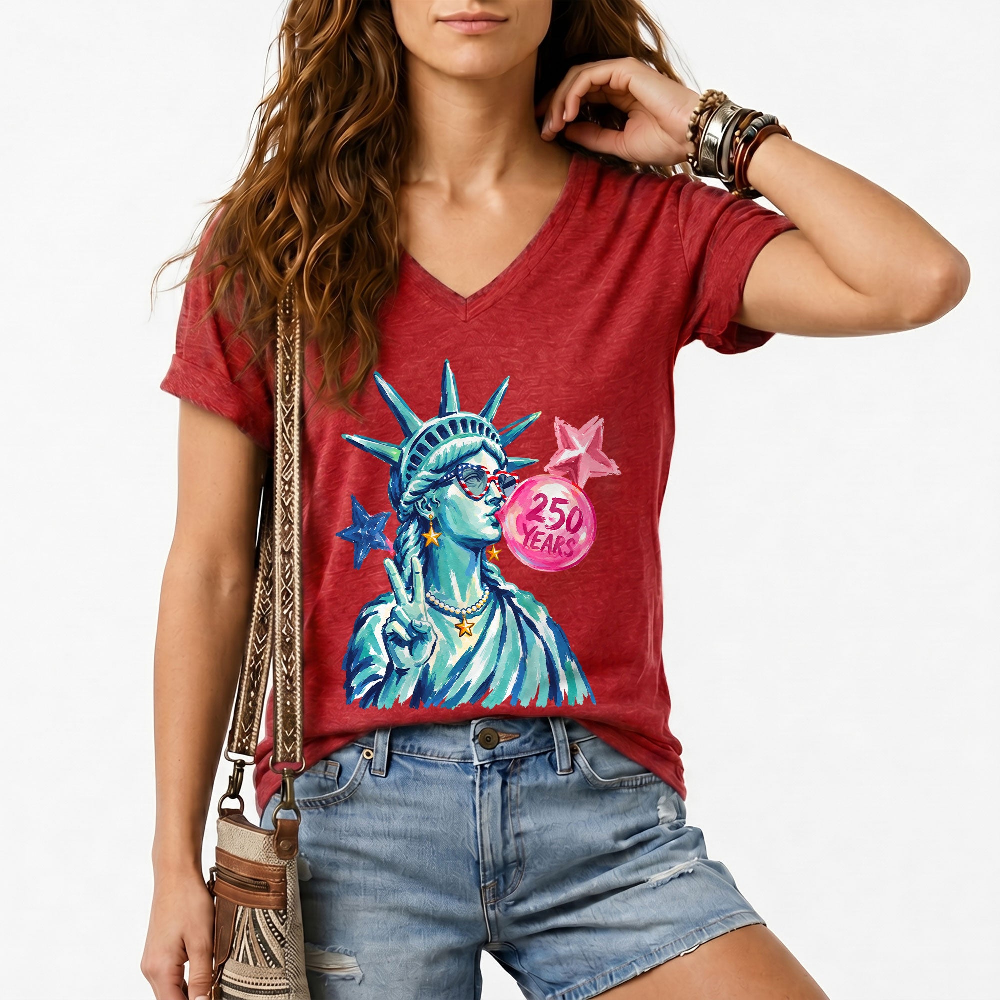 Statue of Liberty Peace Sign V-Neck Shirt Cute Bubble Gum Patriotic Graphic Tee